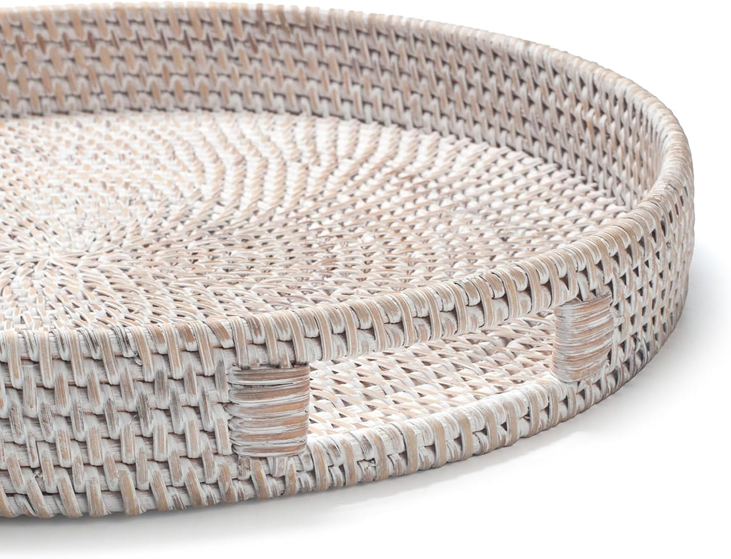 16.9 inch Round Rattan Tray, Woven Large Serving Tray with Handles, Wicker Serving Basket, Coffee Table Decor for Living Room, Whitewash