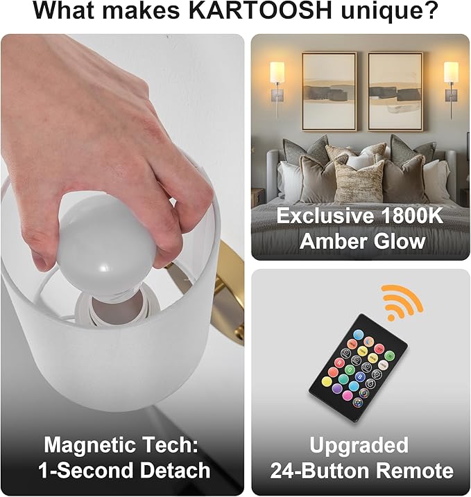 KARTOOSH Battery Operated Wall Sconce Set of Two, Wireless Rechargeable Wall - Image 6