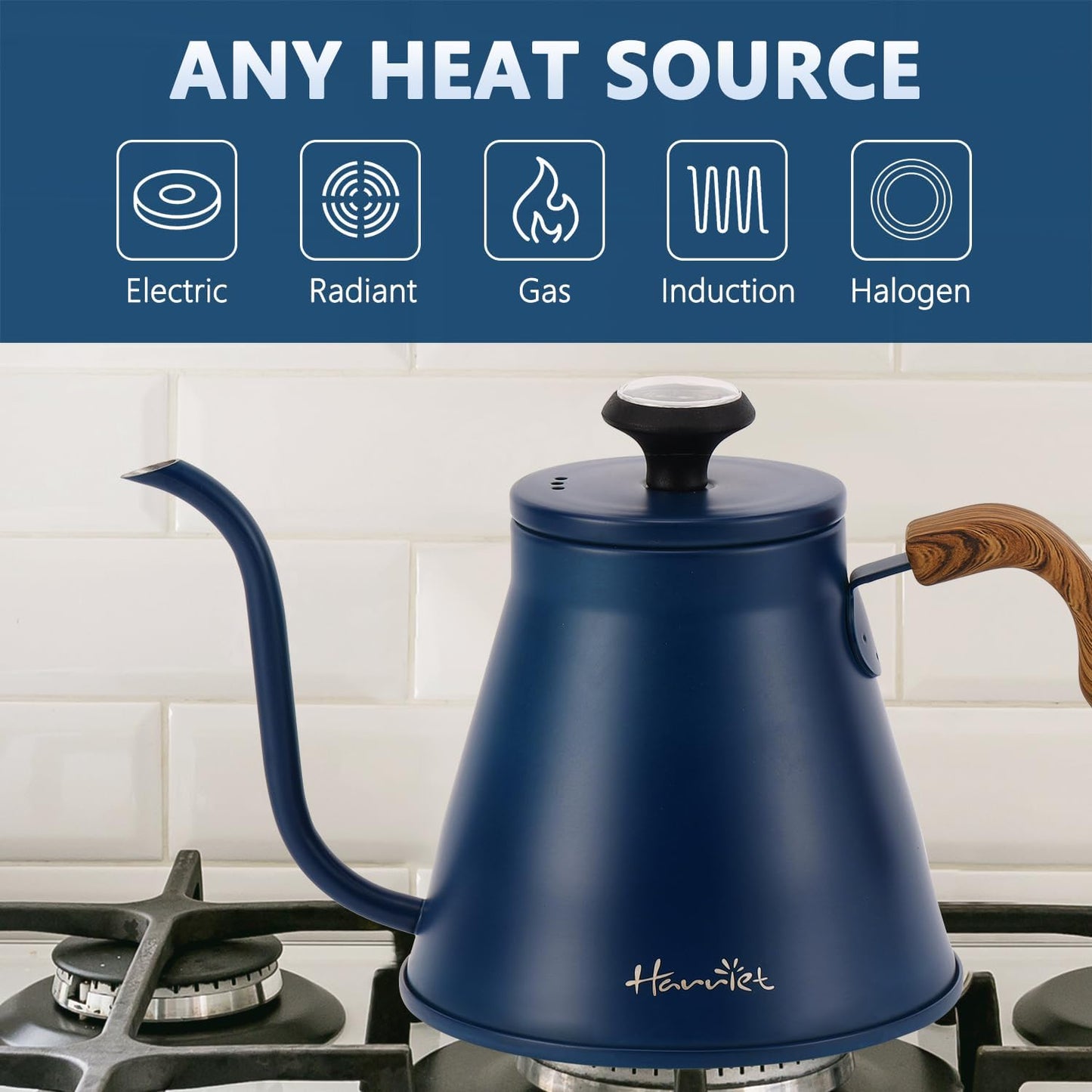 Harriet Gooseneck Kettle with Thermometer for Pour Over Coffee and Tea, 37 fl oz, Stainless Steel, Durable 3-Layer Base, Ideal Spout for Precision Pouring, Compatible with all Stove Tops, Blue