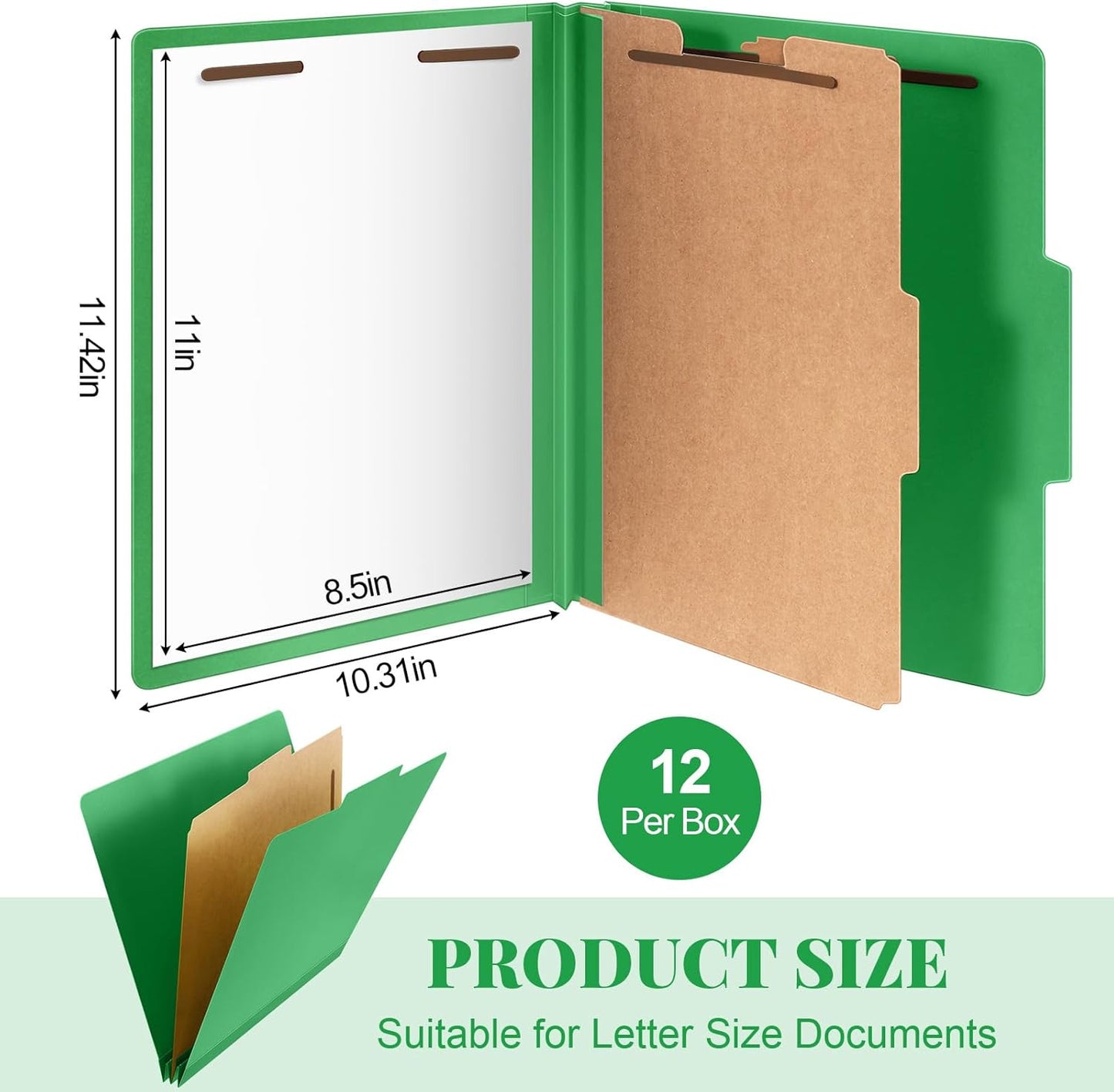 12 Pcs Classification Folders Letter Size, Back to School Supply for Teacher, Student, 1 Divider Pressboard File Folder Bulk with 2 Fasteners, 3.5 Inch Expanding File Organizer (Green)
