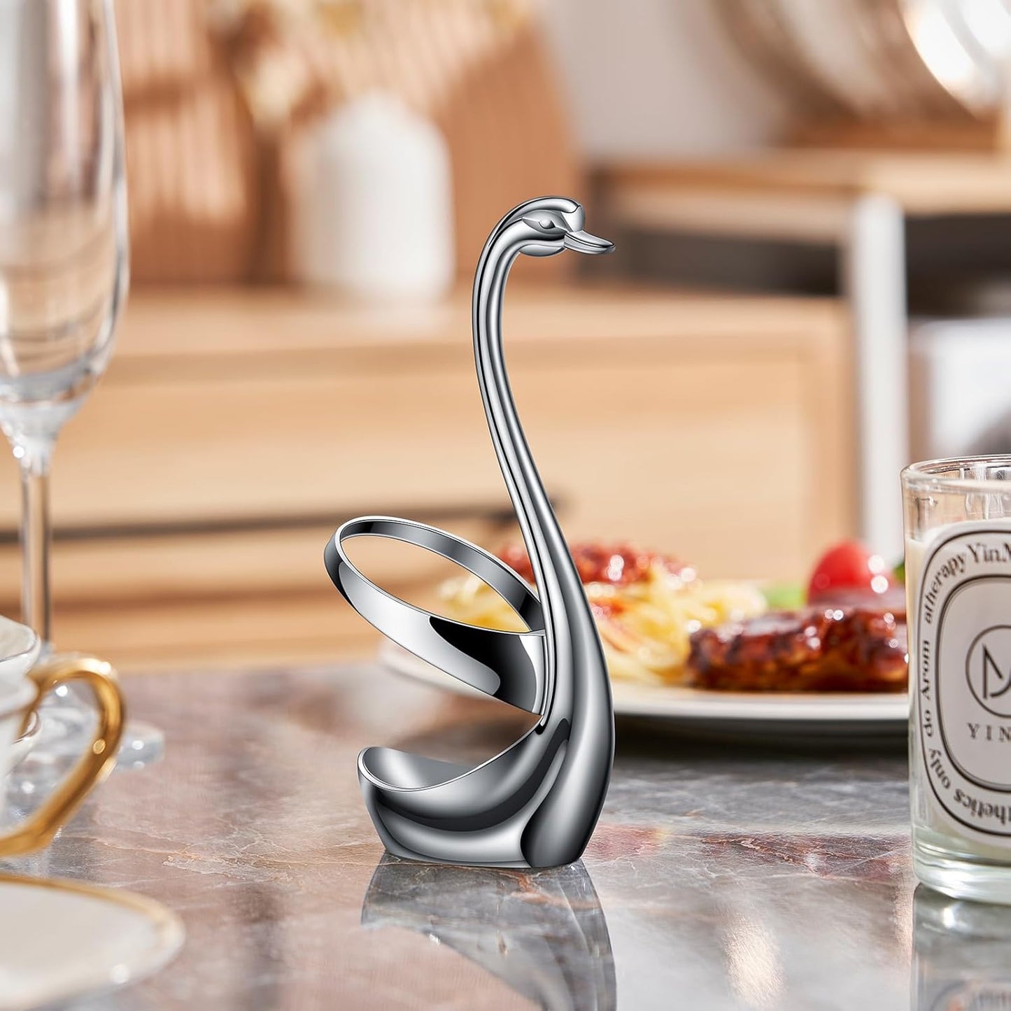 AnSaw Silver Small Coffee Spoon Holder Set,Swan Base With 10 Pcs Demitasse Espresso Spoons Set,4.7" Mini Leaf Dessert Spoon,Stainless Steel Tea Spoons