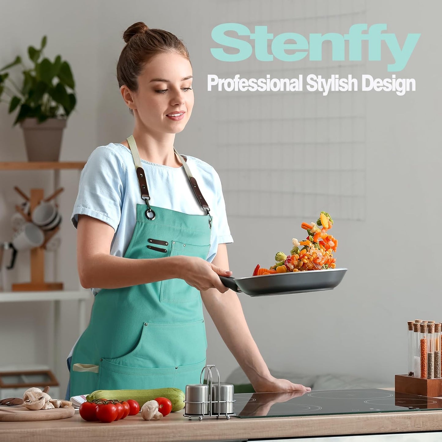 5 Pack Kitchen Apron, Work Apron, Canvas, Multiple Pockets, Gardening, Painting, BBQ, Artist, Carpenter, Sizes M to XXL, Ice Blue