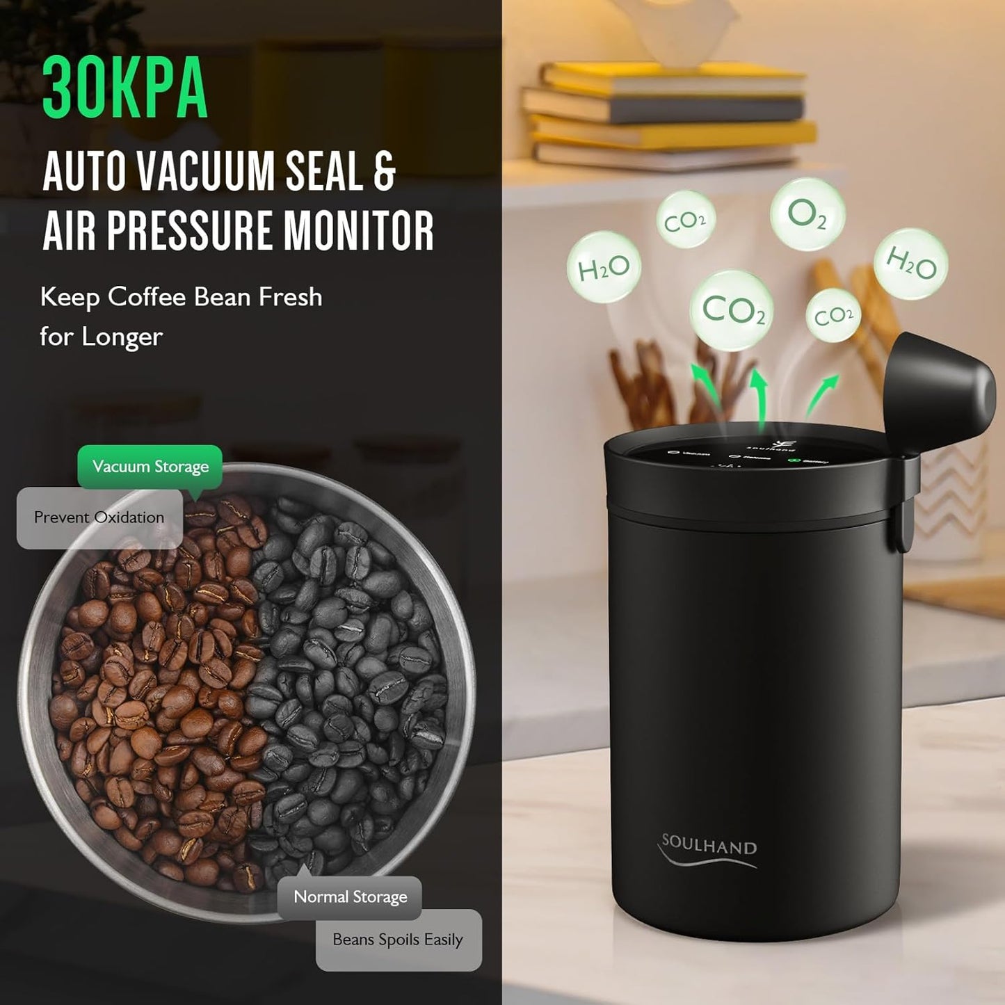 SOUL HAND Vacuum Coffee Canister, Airtight Sealed Coffee Canister Automatic Vacuum Stainless Steel Coffee Containers, Coffee Bean Storage Container for Coffee/Food Storage 1.6 L