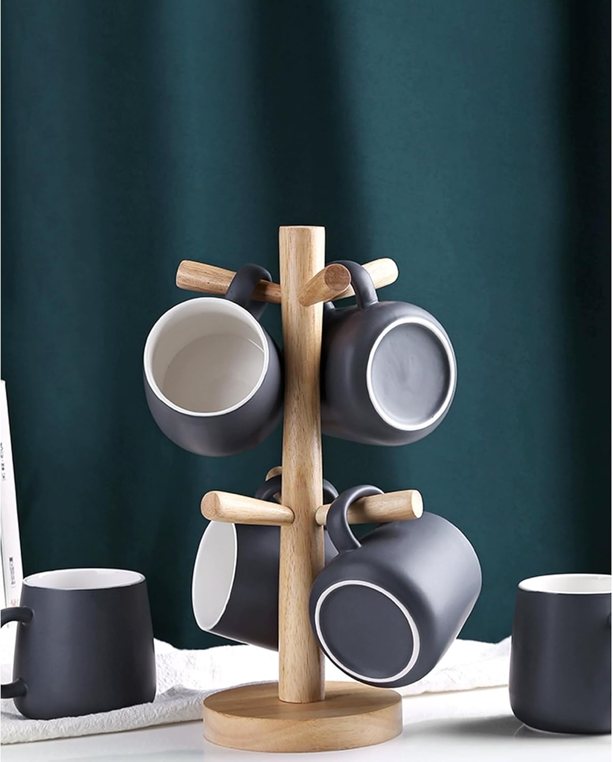 2 Pieces Mug Holder Tree,Coffee Cup Holder with 6 Hooks, Wood Mug Rack for Counter,Coffee Bar Accessories and Orgnizer Station