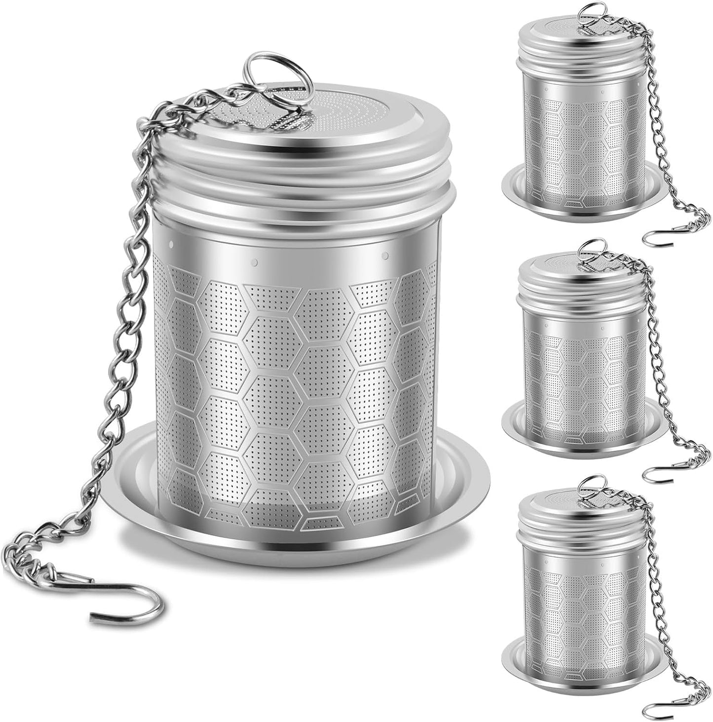 Tea Infuser Strainers with Drip Tray 304 Stainless Steel Tea Filter Strainer with Chain Hook Fine Mesh Tea Infuser Steeper Reusable Tea Strainers Easy to Use for Loose Tea Mulling Spices (Silver 4PCS)