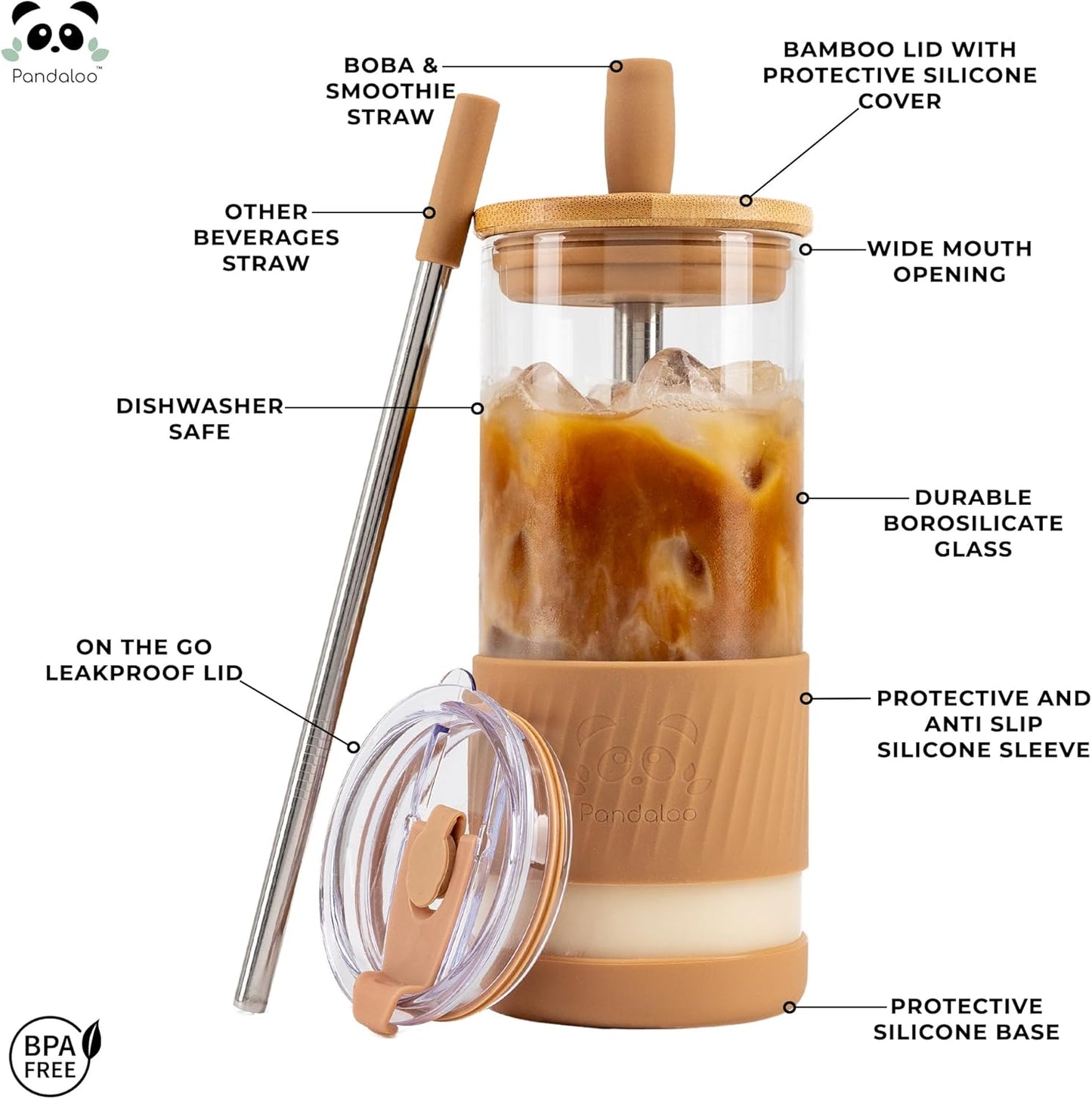 Pandaloo® Glass Cups With Lids and Straws -20 Fl Oz- Perfect Size Iced Coffee Cup - Smoothie Cup With Bamboo Lid and On the go Lid - Glass Tumbler With Straw (2 Count (Pack of 1), Amber Sand)