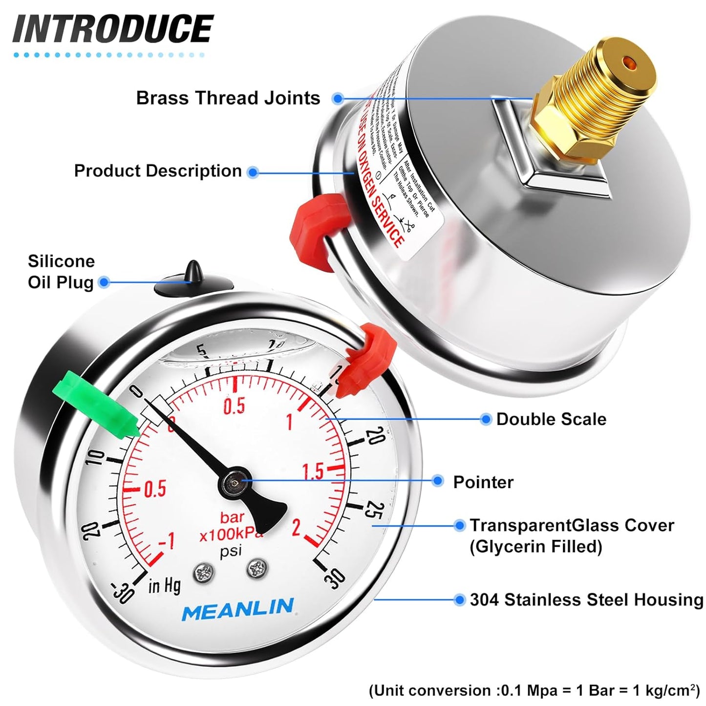 MEANLIN MEASURE -30inHG~30Psi Vacuum Pressure Gauge 1/4" NPT 2.5" FACE DIAL, Stainless Steel Liquid Filled Pressure Gauge WOG Water Oil Air Center Back Mount (with 2PCS Snaps)