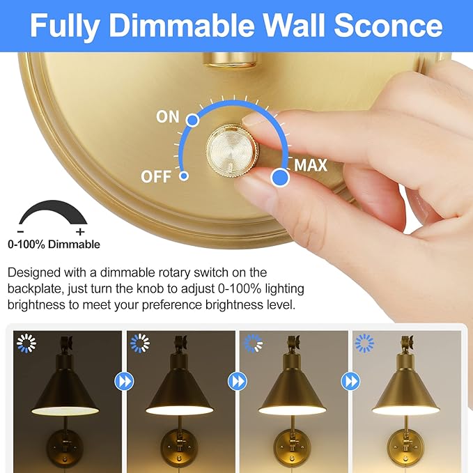 TRLIFE Wall Sconces Plug in, Dimmable Wall Sconces Brushed Brass Swing Arm Wall - Image 3