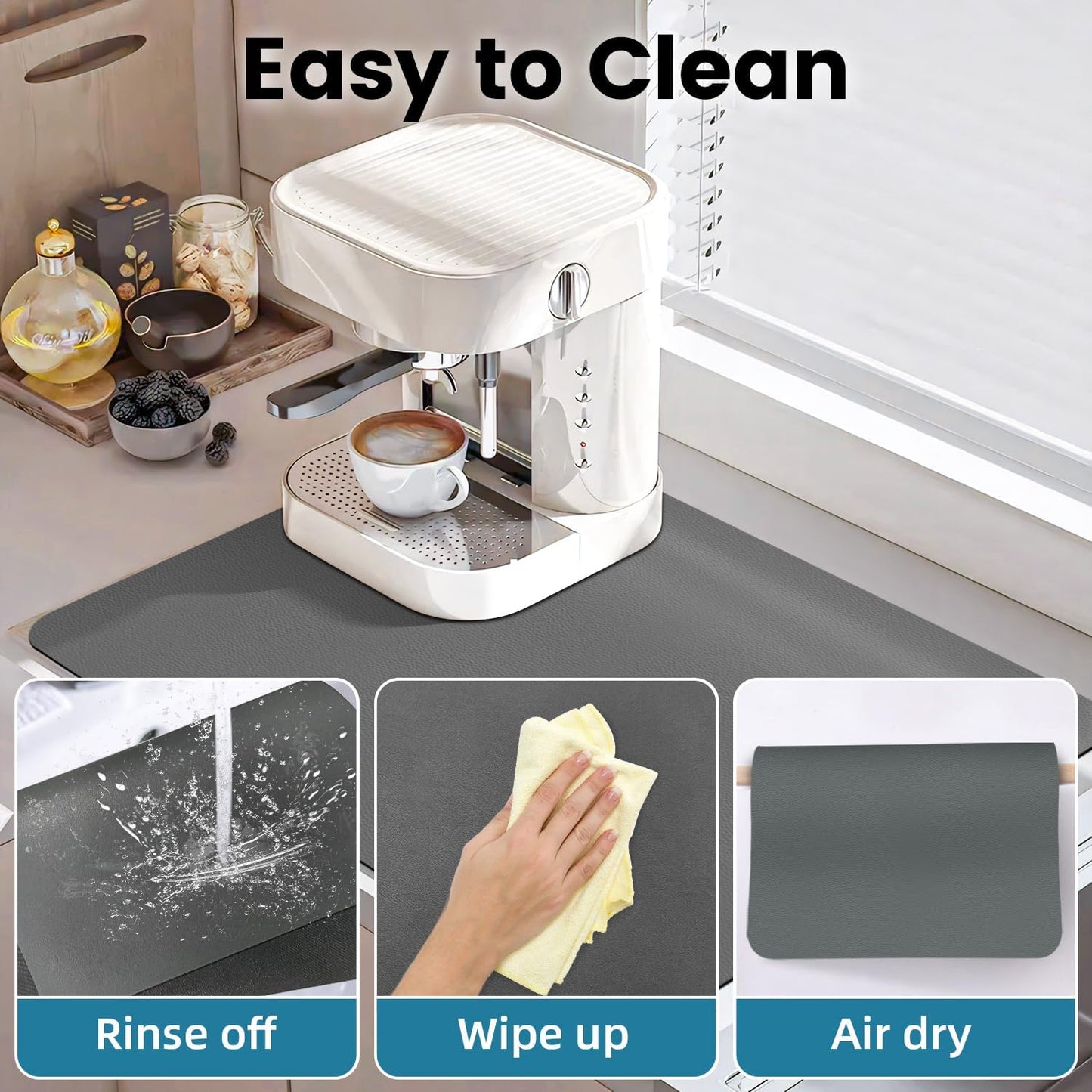 PoYang 24"x16" Coffee Mat Large, Coffee Bar Accessories for Countertop, Absorbent Dish Drying Mat, Anti-Slip and Hide Stain Pad for Espresso Machine, Espresso Maker and Kitchen Counter, Gray