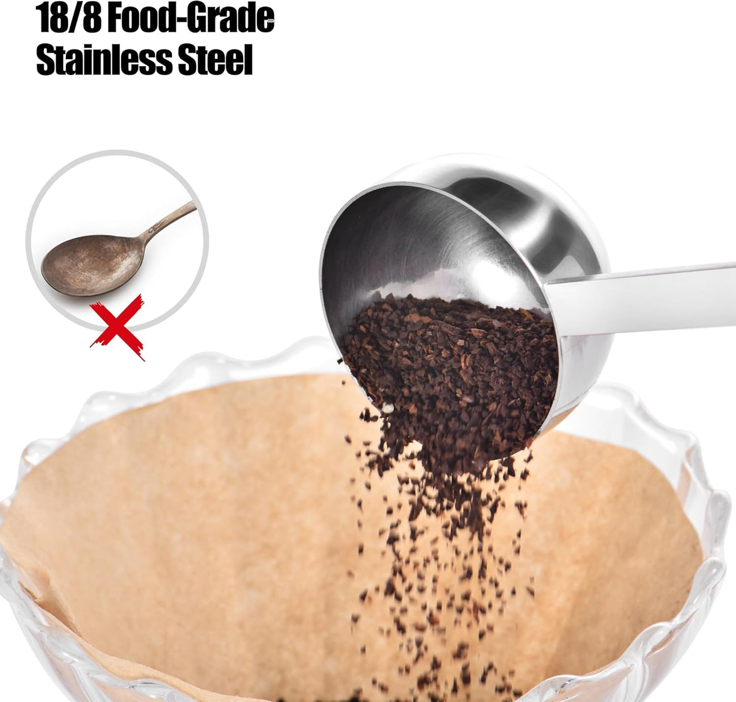 18/8 Stainless Steel Coffee Scoop, Doosu Food-Grade Metal Measuring Spoon with 8.5in Long Handle, Tablespoon Scooper for Coffee Beans, Ground Coffee, Espresso, Protein Powders, Tea, Sugar (2 Tbsp)