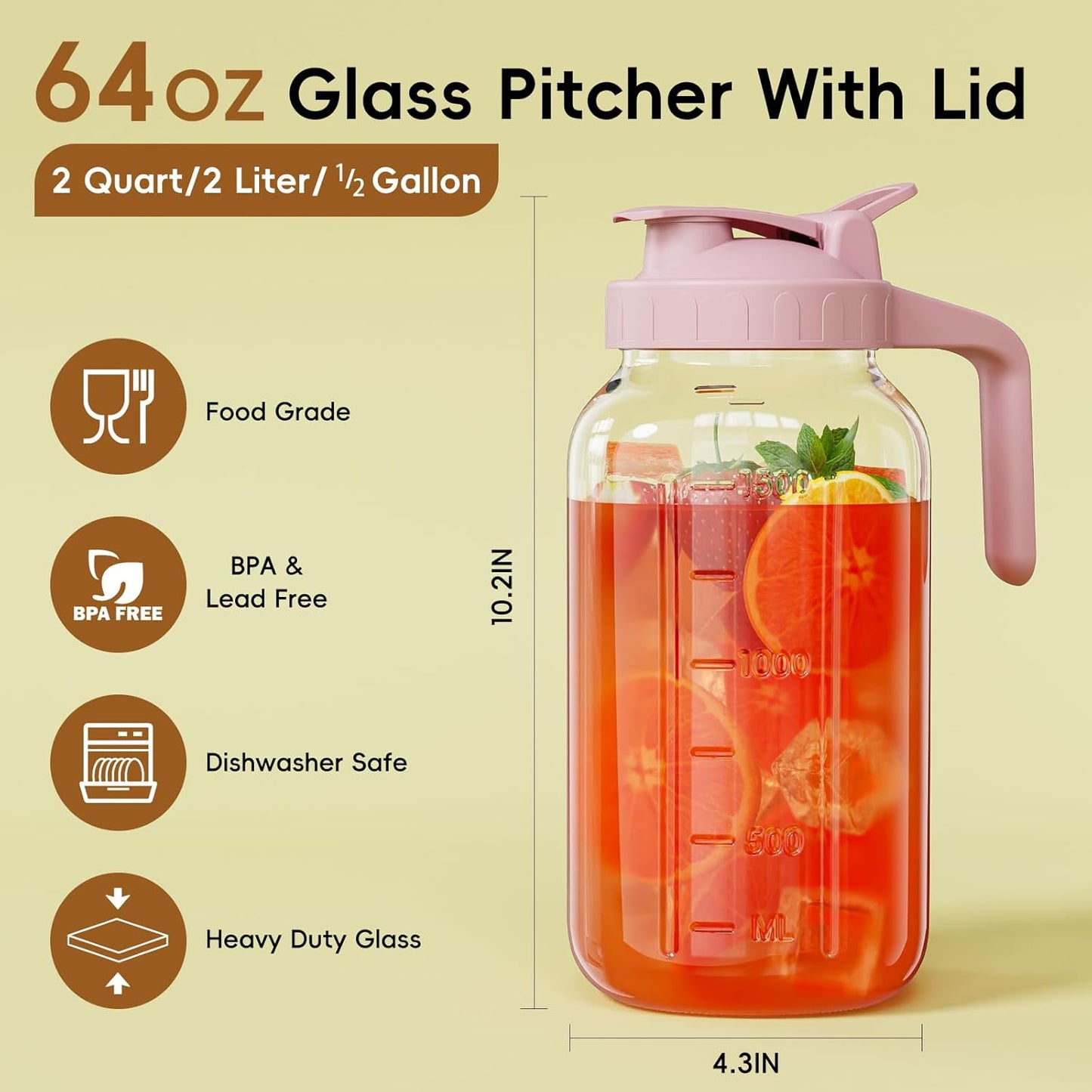 Glass Mason Jar Pitcher, 64 oz Wide Mouth Jug with Pour Spout Handle Lid for Cold Brew Coffee, Ice Beverage, Iced Juice, Lemonade, Sun Tea, Fruit Drinks Container（Pink）