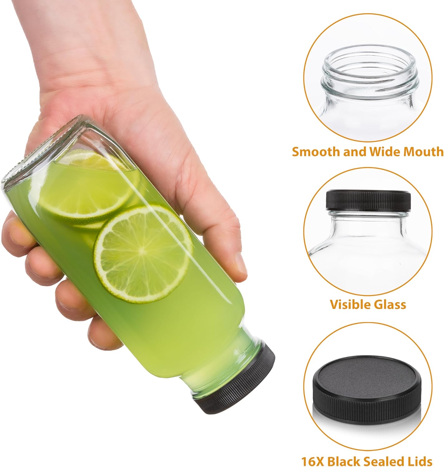 Juice Bottles with Lids, 16 Oz - Set of 8 - Clear Glass Jars with Caps - Reusable Empty Drink Containers for Juicing, Smoothies, Water, Milk, Kombucha Storage, Wellness Shots and More (8)