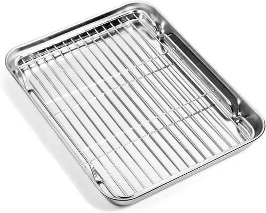 Baking Sheet with Cooling Rack (1 Cookie Sheet + 1 Baking Rack), Stainless Steel Small Baking Sheet Pan with Wire Rack, Toaster Oven Pans Size 10.4 x 8 x 1 Inch, Non-toxic & Heavy Duty & Non-stick