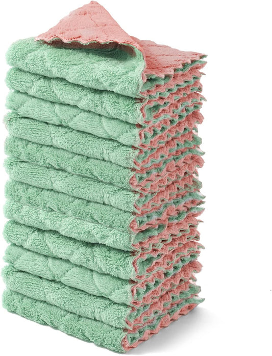 kimteny 12 Pack Dish Towels, 10x10 in Premium Dish Cloths, Super Absorbent Kitchen Towels Coral Velvet Dishcloths Nonstick Oil Fast Drying Washcloths (Pink-Green)