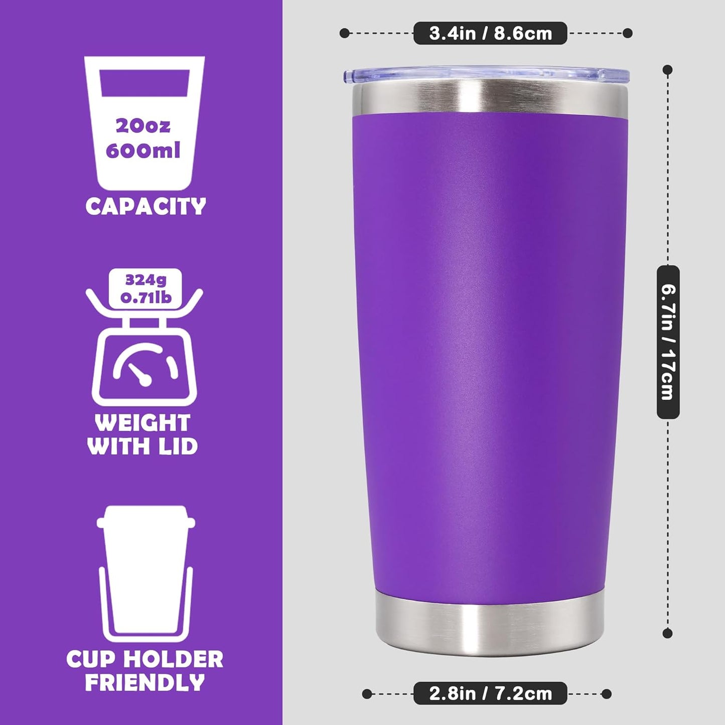 20oz Tumbler Stainless Steel Tumbler Cup with Lid Vacuum Insulated Double Wall Travel Mug, Durable Powder Coated Travel Coffee Tumbler Mug for Hot & Cold Drinks, Purple,1 Pack