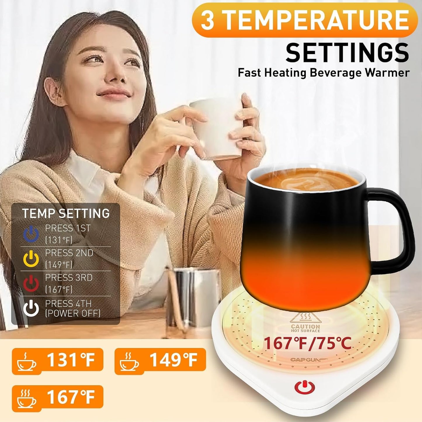 Electric Coffee Mug Warmers for Desk, 75℃ Precision Heating & Auto Shut Off, Spill-Proof Cup Warmer for Coffee/Tea/Milk/Hot Chocolate (White)