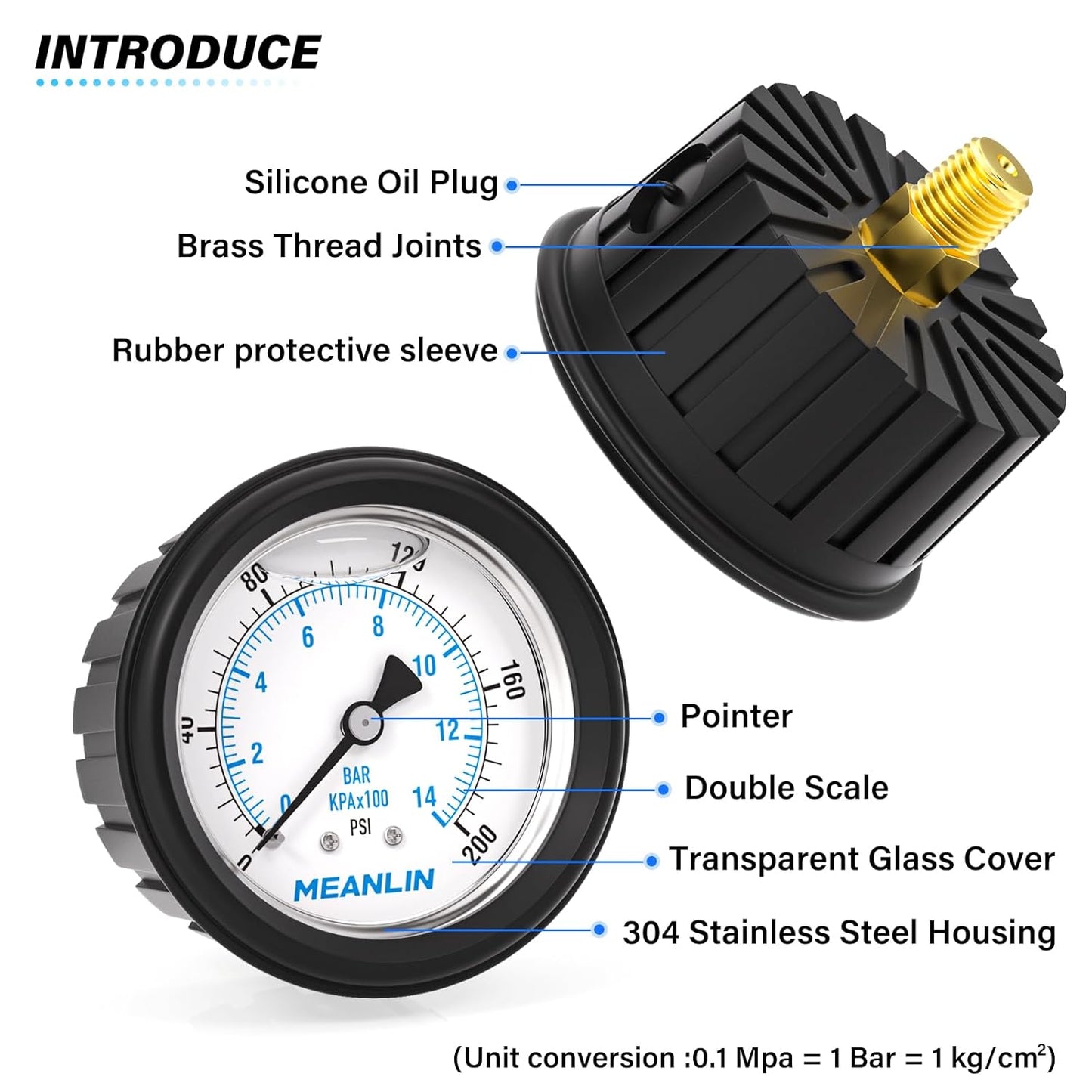 MEANLIN MEASURE 0~200Psi Stainless Steel Liquid Filled Pressure Gauge 1/4" NPT 2.5" FACE DIAL with Rubber Protective Sleeve, Center Back Mount