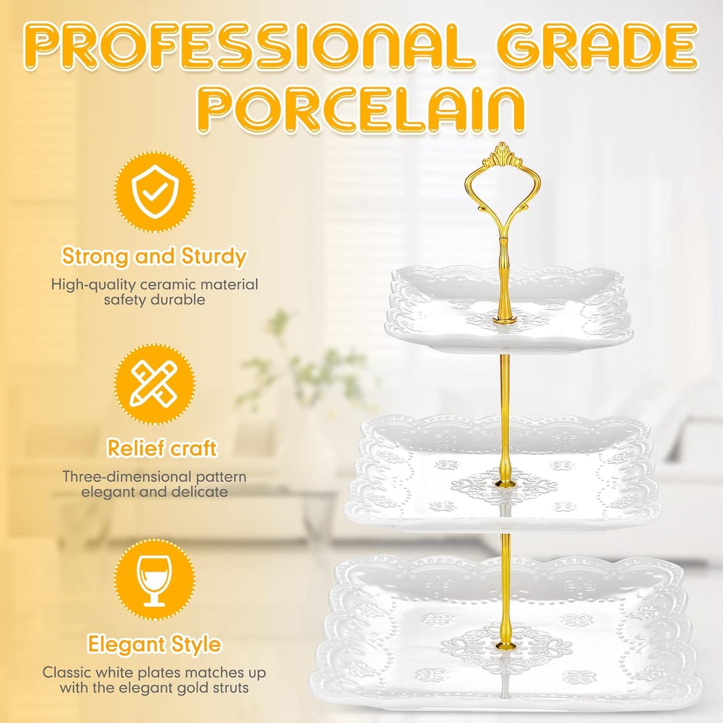 Tatuo 2 Pcs 3 Tier Porcelain Cupcake Stand, Cup Cake Holder Tower, Pastry Serving Elegant Dessert White Ceramic Tiered Stand for Wedding, Birthday, Tea Party(Lace Square Shape)