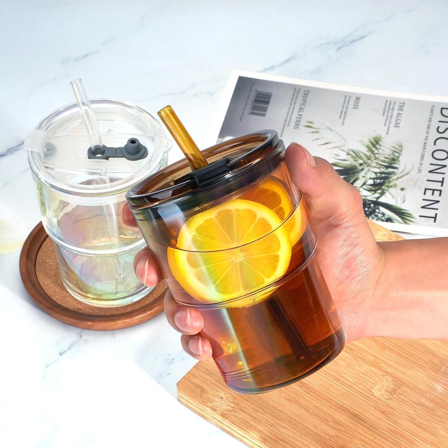 13 oz Glass Tumbler with Glass Straw and Lid, Leak-Proof Reusable Travel Cup for Iced Coffee, Tea, Matcha, Fruit Juice – Thick Wall Clear Water Bottle (Amber, 4 Pack)