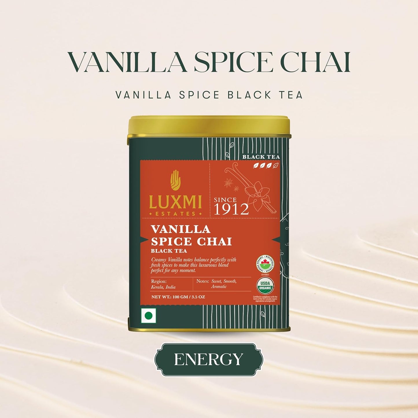 LUXMI Estates Vanilla Spice Chai 100Gm Loose Leaf Tin | Certified Organic Black Tea Leaf | Smooth, Flavorful, Robust, Caffeinated | Darjeeling & Assam Tea From India, 100 grams