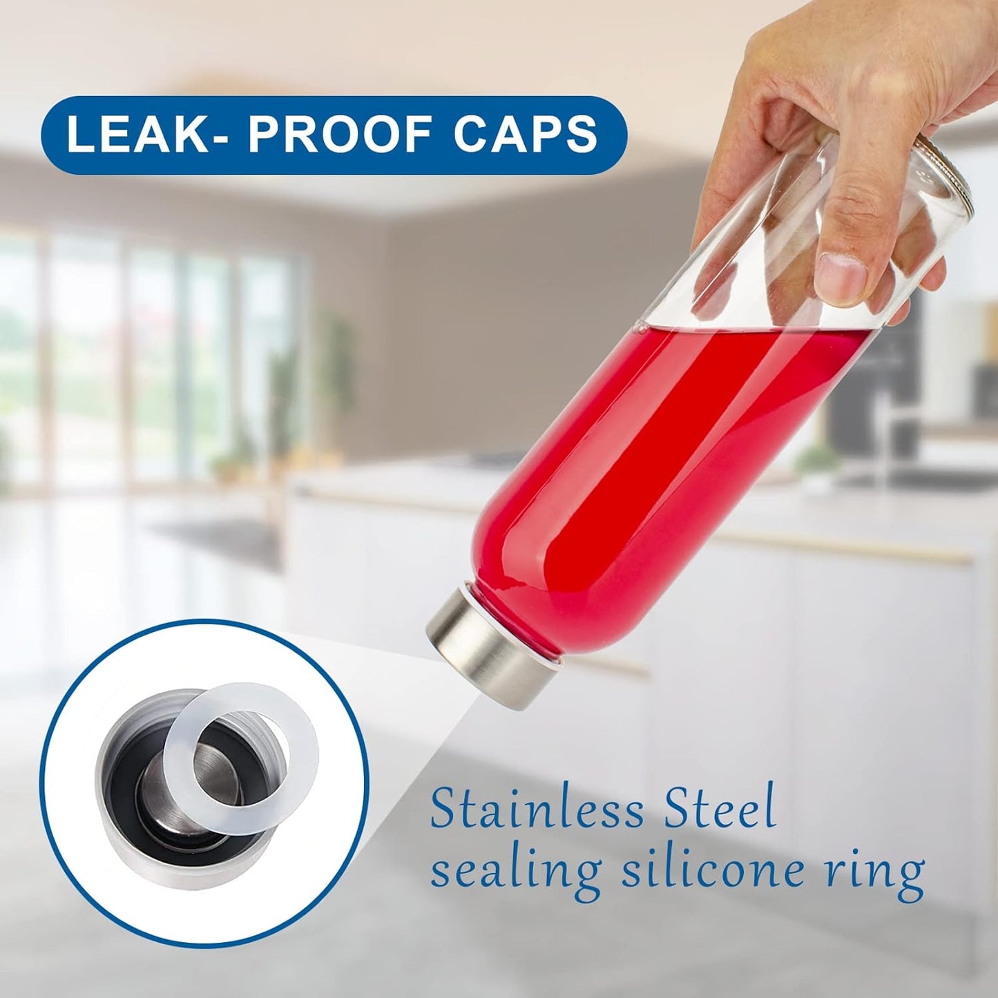 Clear Glass Bottles with Lids 18 oz, Reusable Glass Water Bottles with Stainless Steel Cap for Juicing, Refrigerator,100% Leak Proof, BPA Free, Juice Water Bottle Set of 10