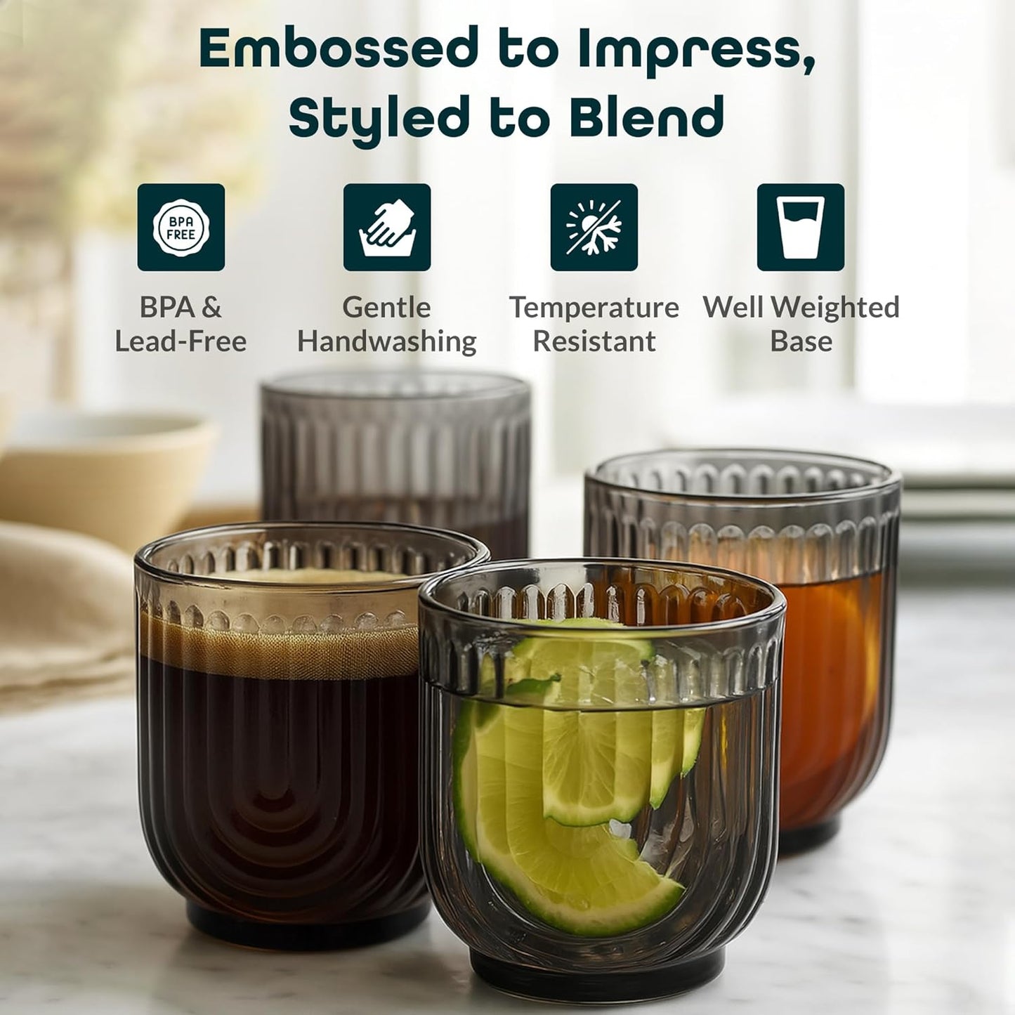 Glaver's Double Old Fashioned Rock Glasses, Set of 4 Smoke Black Whiskey Glasses, 11 oz Art Deco U-Shape Design Embossed Everyday Home Bar Glassware. Art Deco Elegant Kitchen Drinking Glasses.