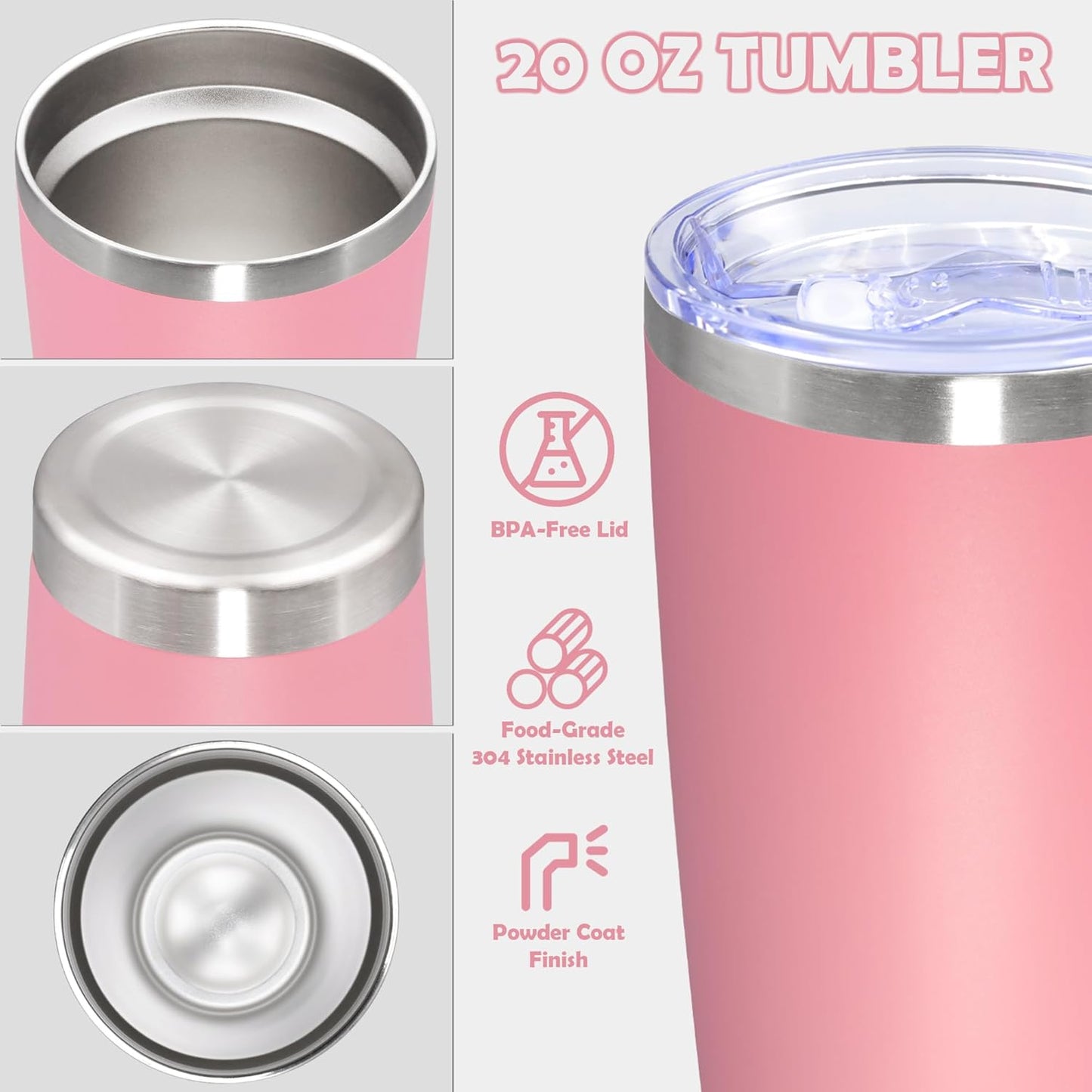 20oz Tumbler Bulk Stainless Steel Tumbler Cup with Lid Vacuum Insulated Double Wall Travel Mug, Durable Powder Coated Travel Coffee Tumbler Mug for Hot & Cold Drinks, Pink,8 Pack