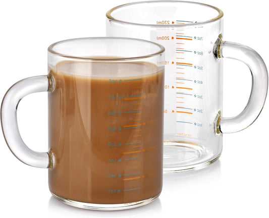 2 Piece Expresso shots cup,Glass measuring cup,8 Oz Glass Measuring Cup,Tea Glass Cups withHandles,Glass Coffee Cups for Latte(Colorful-2pcs)
