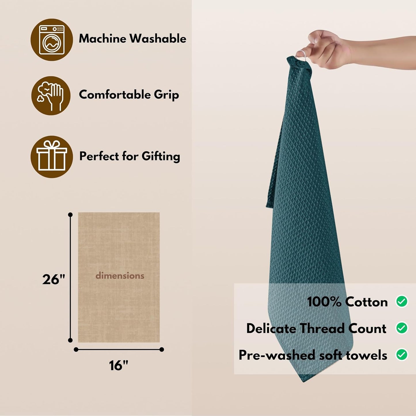 Native Fab Cotton Kitchen Towel with Hanging Loop 16x26 inches, 12-Pack, Waffle Weave Kitchen Towels for Cleaning Drying, Washcloths Soft & Absorbent Cloth Rags, Bar Towel, Dish Cloth, Teal Green