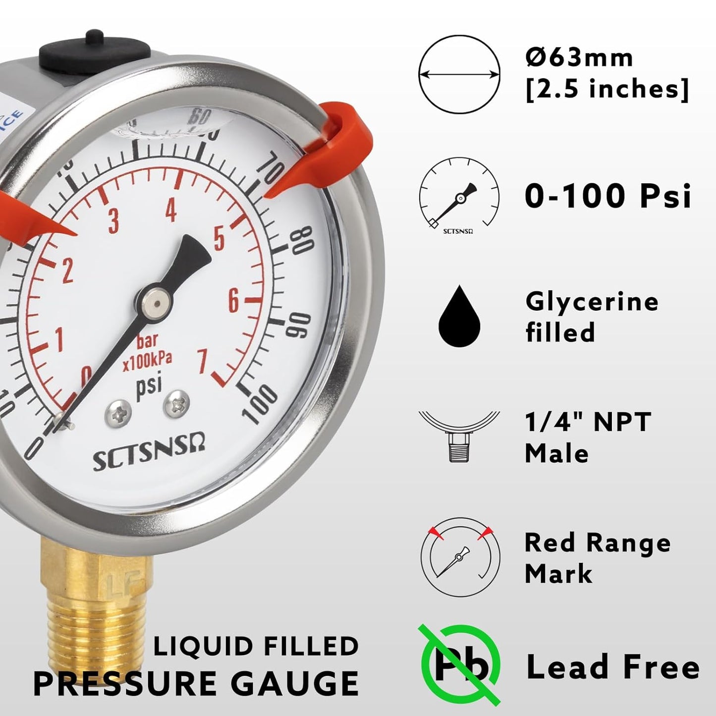 0 to 100 Psi Lead-Free Pressure Gauge, Glycerin Liquid Filled, 2.5 inch Dial, 1/4" NPT Lower Mount, Stainless Steel Case, for Water Pump, Pneumatic Air, Well Tank, RV Hose, Gas, Pressure Test