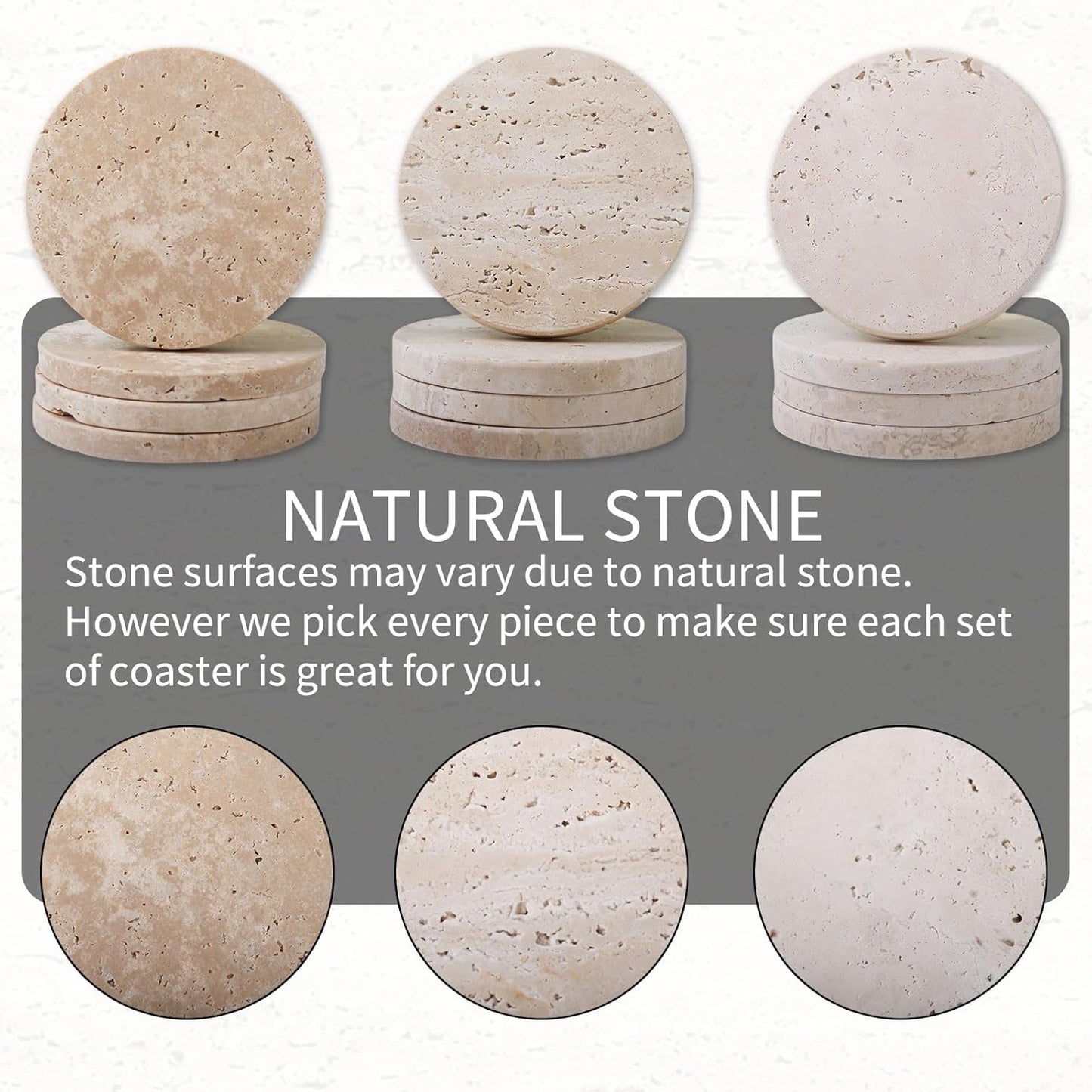 CASACOUTURE-Travertine-Stone-Coasters Set of 4-Round -4" Diameter Drink Coasters for Housewarming Gift, Desktop Protection Suitable for Various Cups - Sturdy and Durable Aesthetics