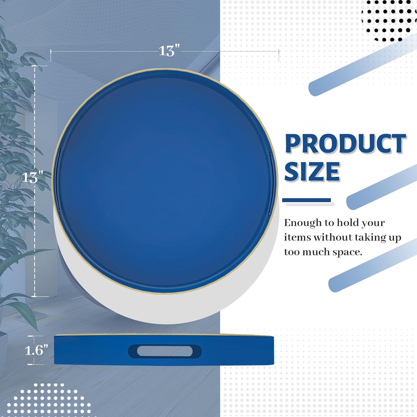 MAONAME 13" Blue Round Tray, Navy Serving Tray with Handles, Modern Decorative Tray for Coffee Table, Plastic Tray for Ottoman, Bathroom, Decor