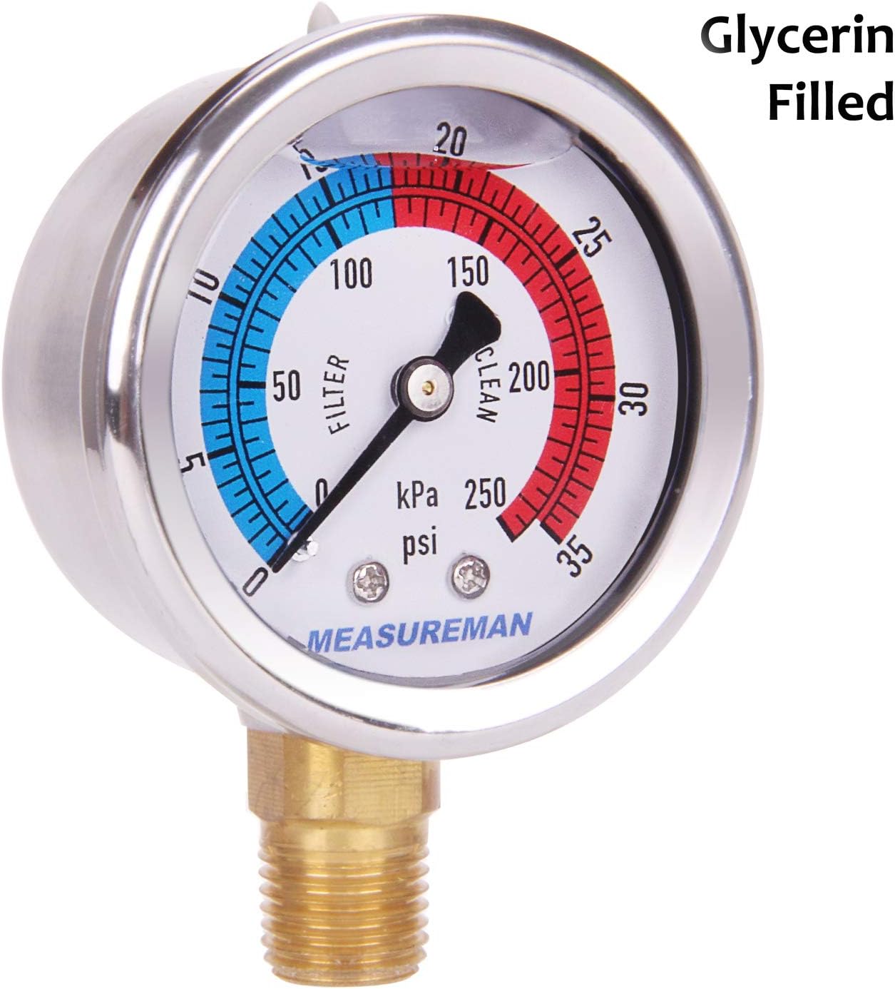 MEASUREMAN 2" Dial Size, Glycerin Filled Pool Filter Pressure Gauge, 304 Stainless Steel Case, 0-35psi/250kpa, 1/4" NPT Lower Mount