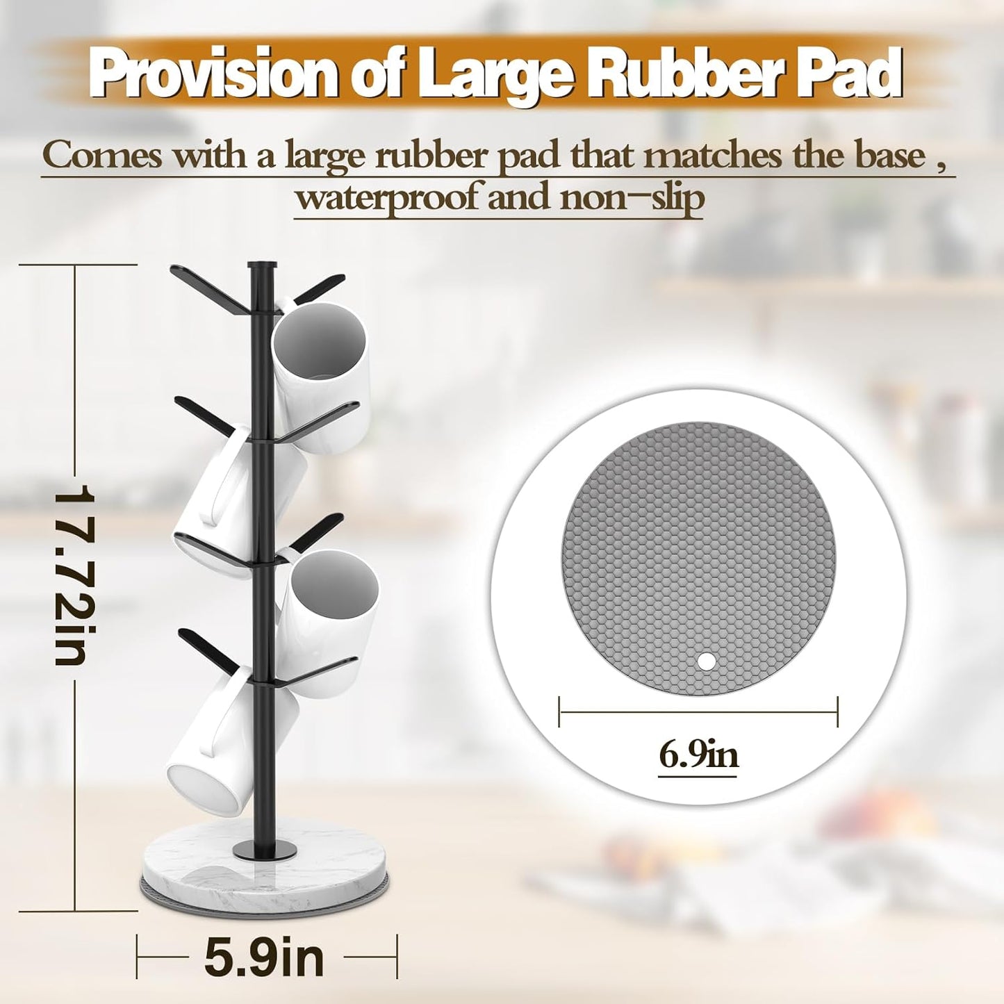 Marble Mug Holder Tree, 8 Hooks Coffee Cups Stand, New Upgraded Stable Mug Stand for Kitchen Counter Cabinet Cafe Black