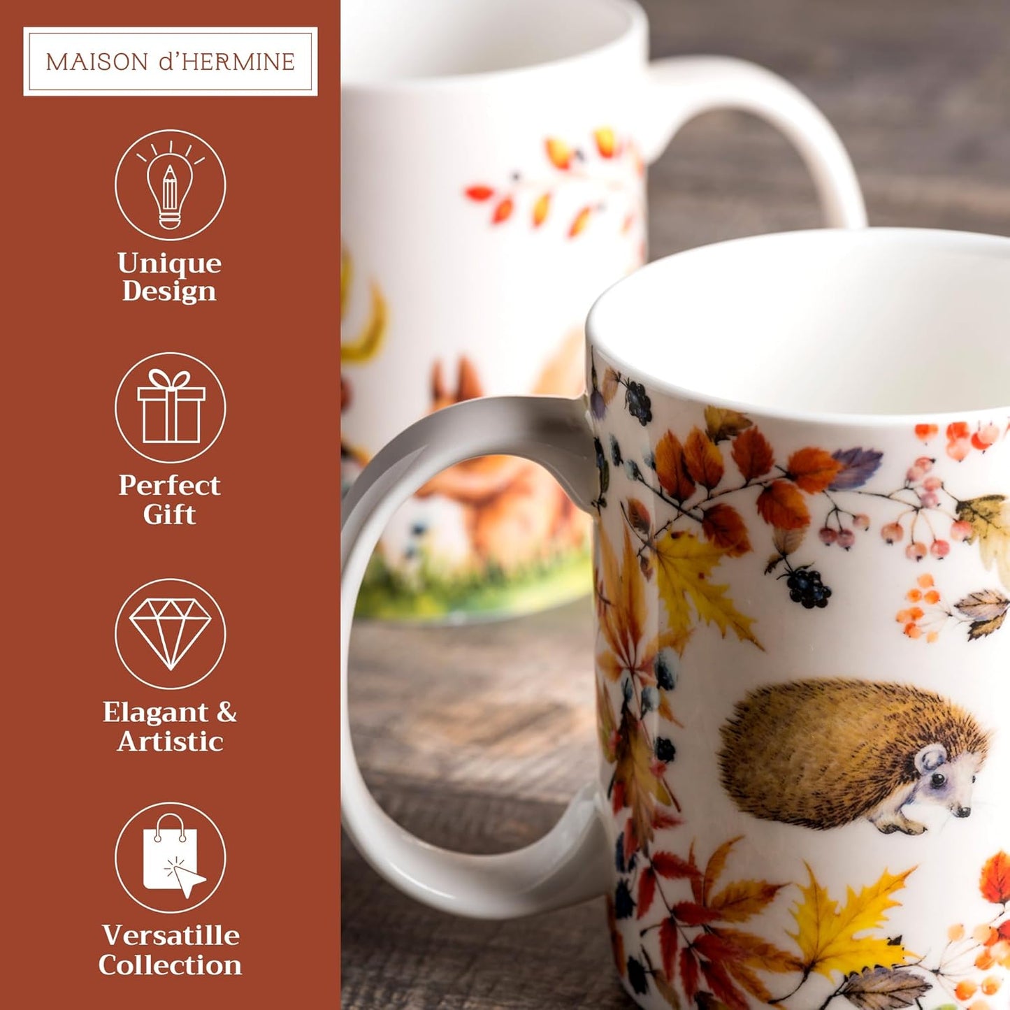 Maison d' Hermine Coffee Mug with Handles Fine Bone China Mugs Pack of Two Tea Cups for Hot Beverages Cappuccino Latte Home Restaurant Office Perfect for Gift (Sous-Bois, 15 Ounce)