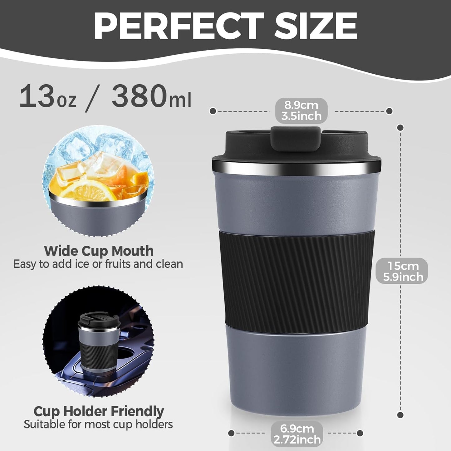 Volhoply 13 oz Stainless Steel Insulated Travel Coffee Mug with Fip Lid Bulk 8 Pack,Reusable Double Wall Vacuum Metal Coffee Cup,Portable Leak Proof Thermal Tumbler for Hot & Cold Drinks(Gray,8)