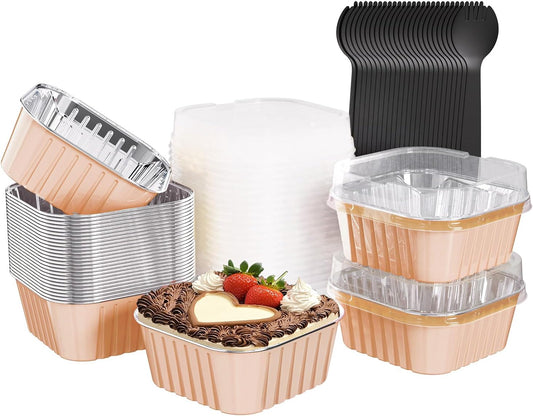 25 Pack Square Mini Cake Pans with Lids,Mini Loaf Pans with Lids,Aluminum Foil Baking Cups,Disposable Ramekins Cupcake Cups,Dessert Cups for Wedding Birthday Party,5oz (Champagne)