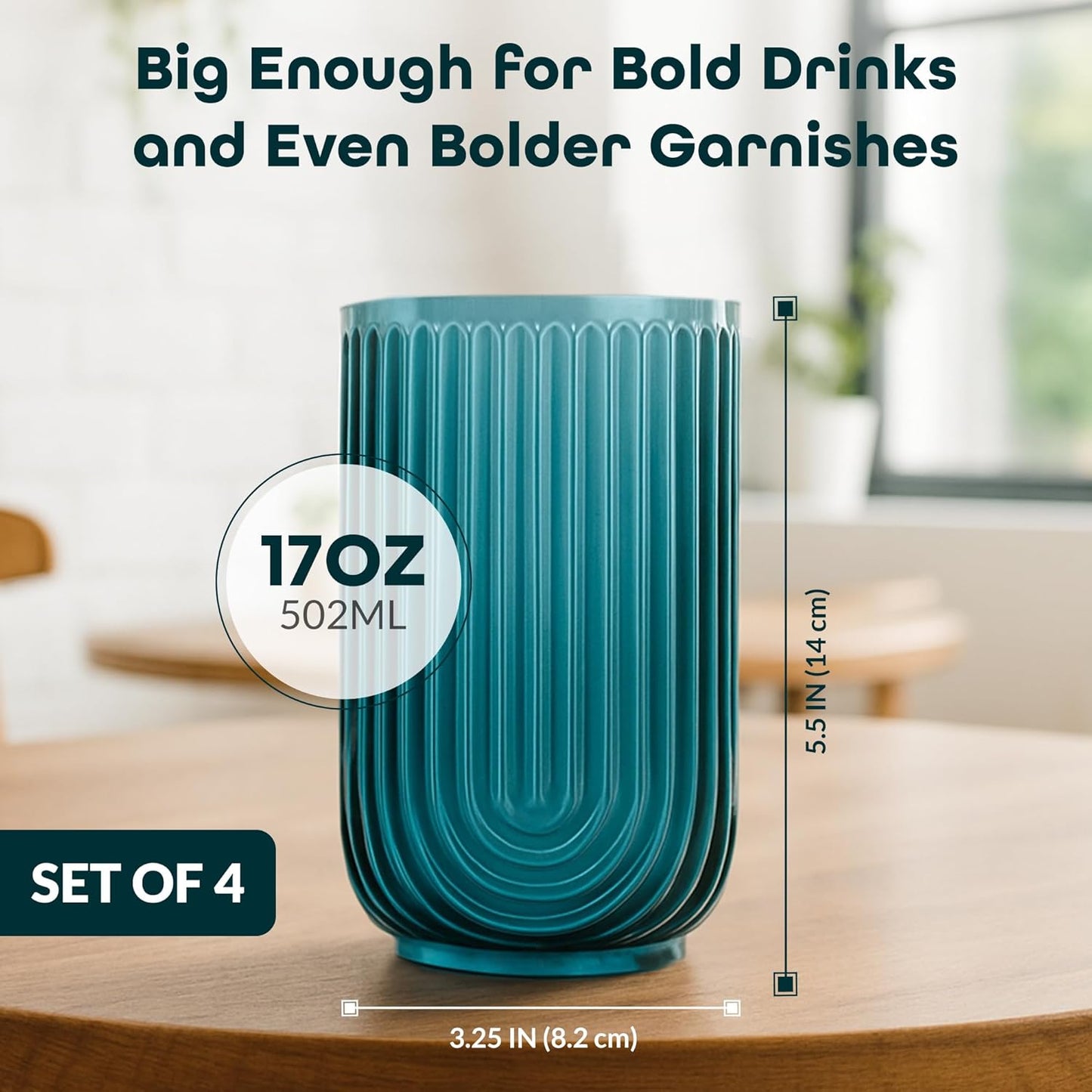 Glaver's Vintage Glassware Art Deco Highball Glasses Set of 4 Blush Ribbed Drinking Glasses 17 Oz U-Shape Arch Design Colored Cocktail Kitchen Tumblers Everyday Dinner Decorative Party, Blue