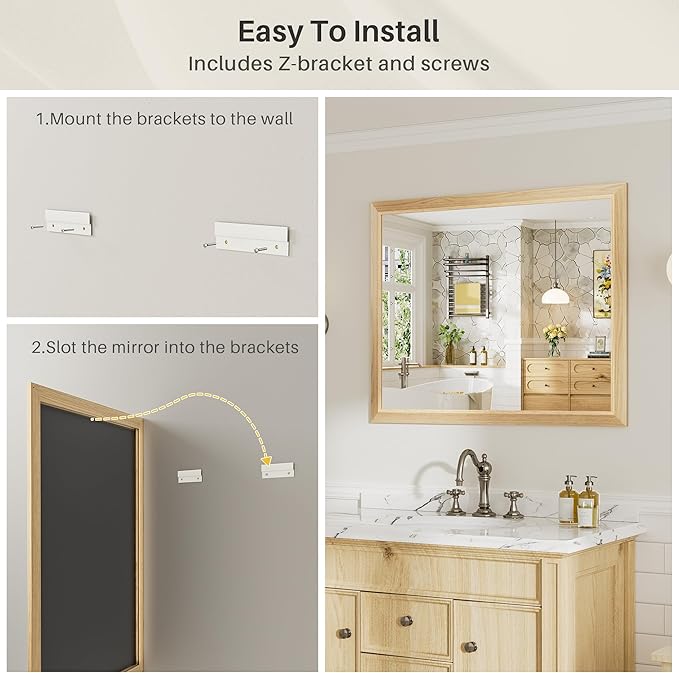 55x36 Inch Bathroom Mirror for Wall, Anti-Rust Oak Wood Grain Metal Framed - Image 5