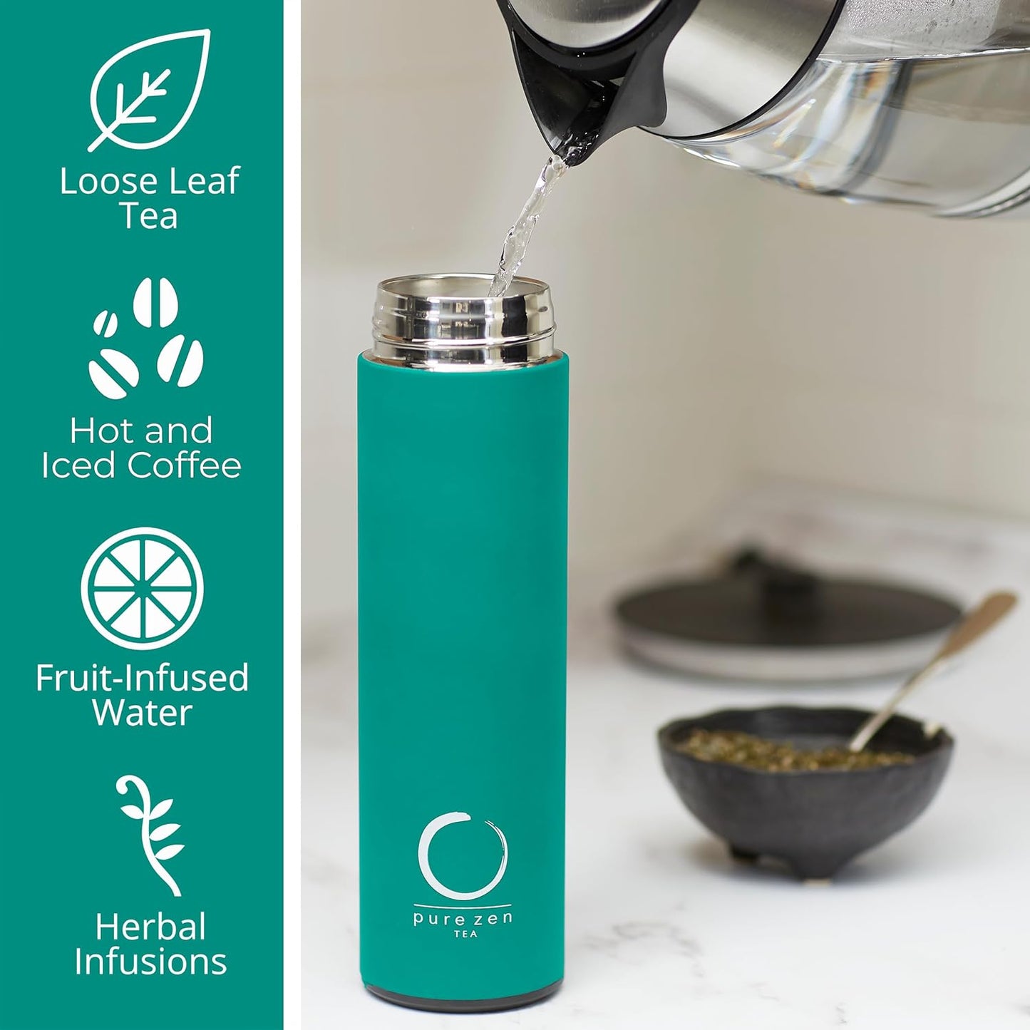 Pure Zen Tea Thermos with Infuser for Hot and Cold Infusions - Stainless Steel - Tea Infuser Bottle - Leakproof Travel Mug with Filter - 15oz