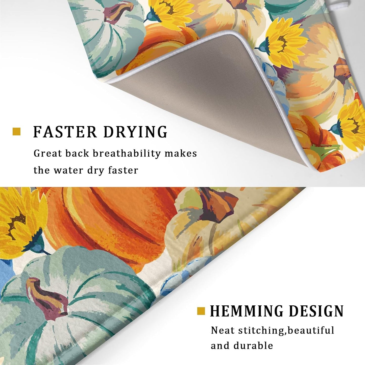 Giwawa Fall Dish Drying Mat 18"x24" Watercolor Autumn Teal Blue Orange Pumpkins Sunflowers Dish Drainer Mats Large Thanksgiving Harvest Microfiber Dish Drying Pad Kitchen Countertop Decor