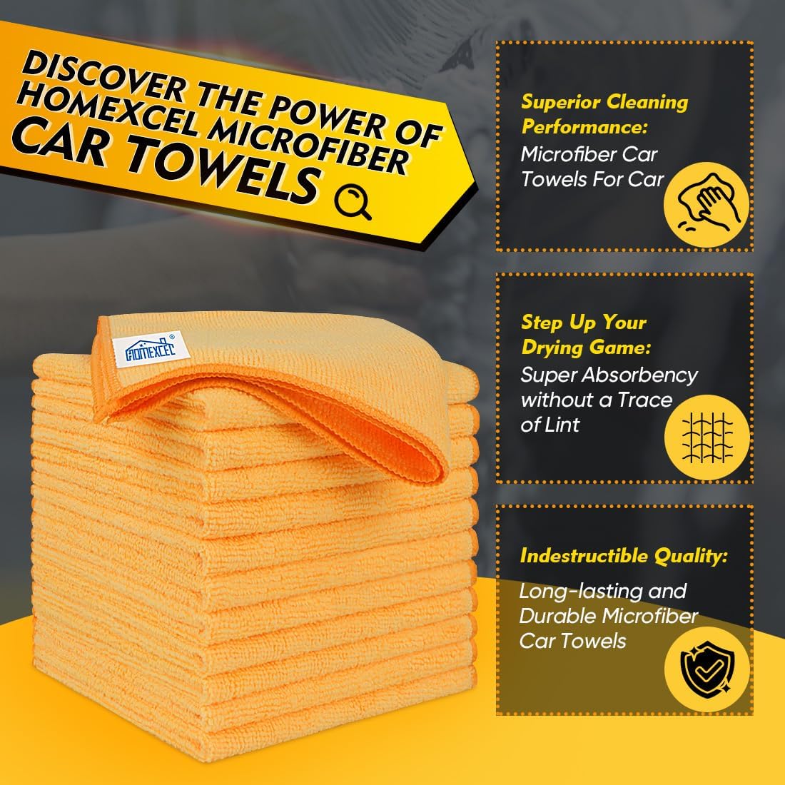 HOMEXCEL Yellow Microfiber Cleaning Cloths 12 Pack, 12.5 x 12.5 inch Microfiber Towel for Cars, Ultra Absorbent Car Washing Cloth, Lint Free Streak Free Cleaning Rags for Car, Kitchen, and Window