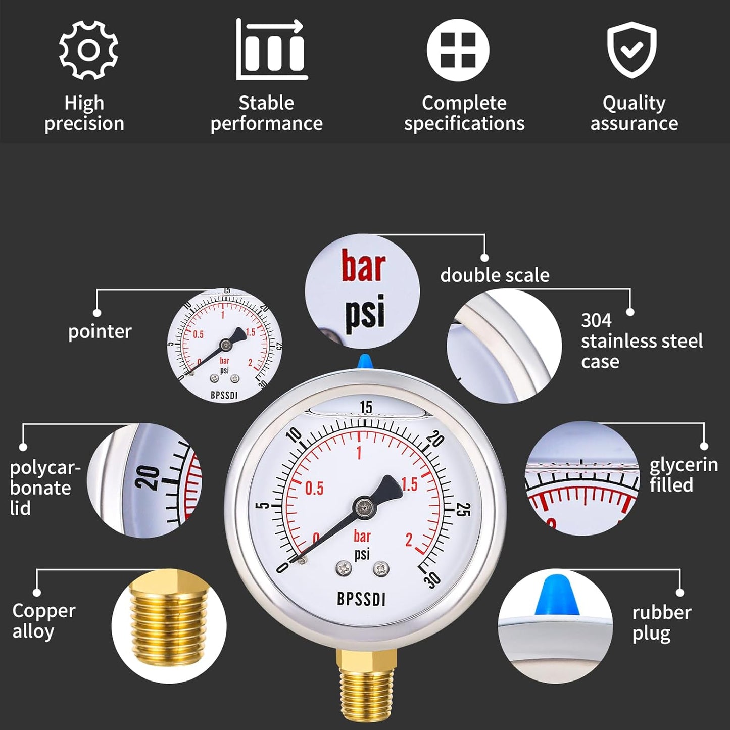 0-30 Psi Glycerin Liquid Filled Low Pressure Gauge, 2.5" Dial Size, 1/4" NPT Lower Mount, 304 Stainless Steel Case, for Water Pipe, HVAC, Water Oil Air Pressure Test