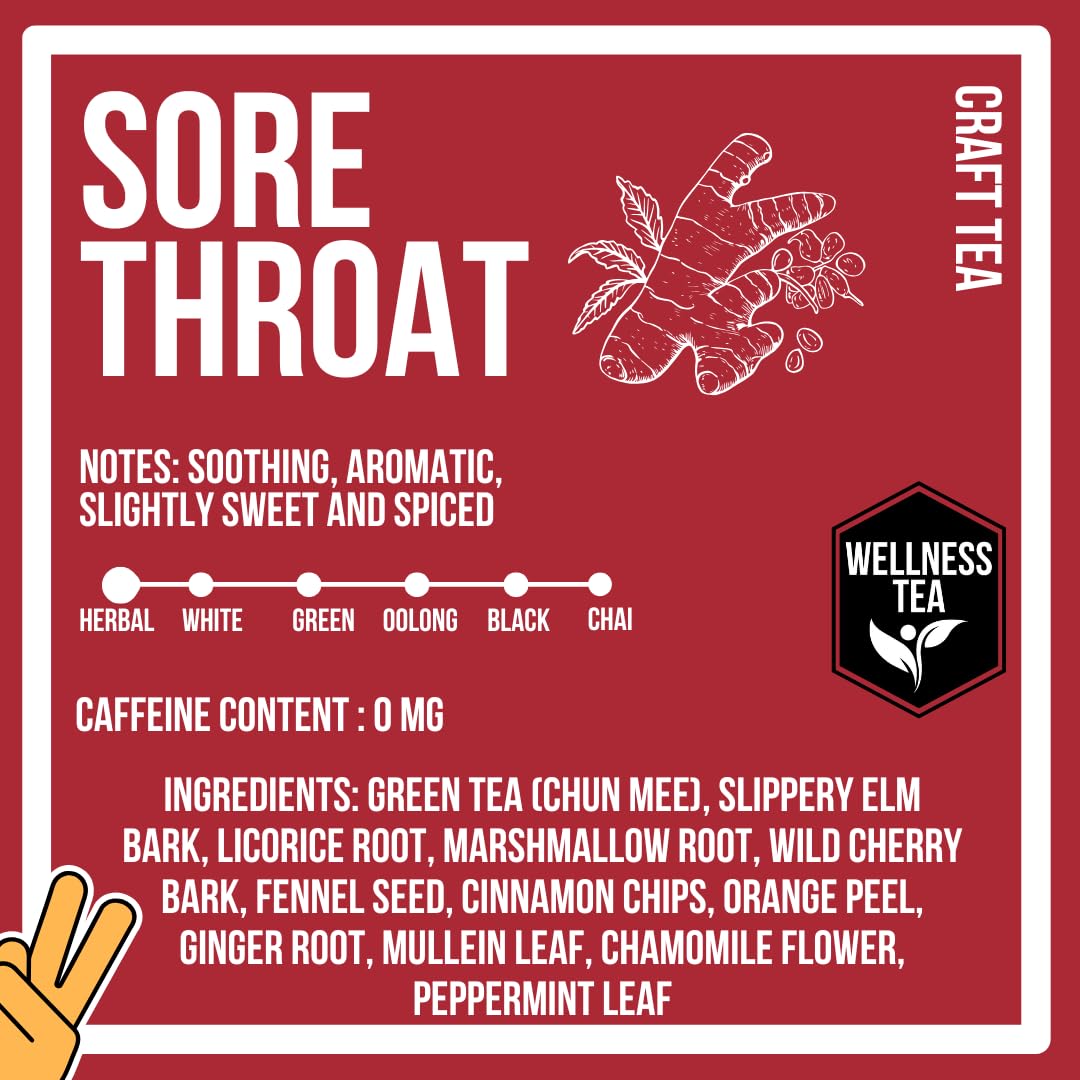 Sore Throat Tea - Wellness Tea Made with Elm Bark, Licorice Root and Marshmallow Root with Herbal and Medicinal Properties - Low Caffeine - 24 Tea Bags