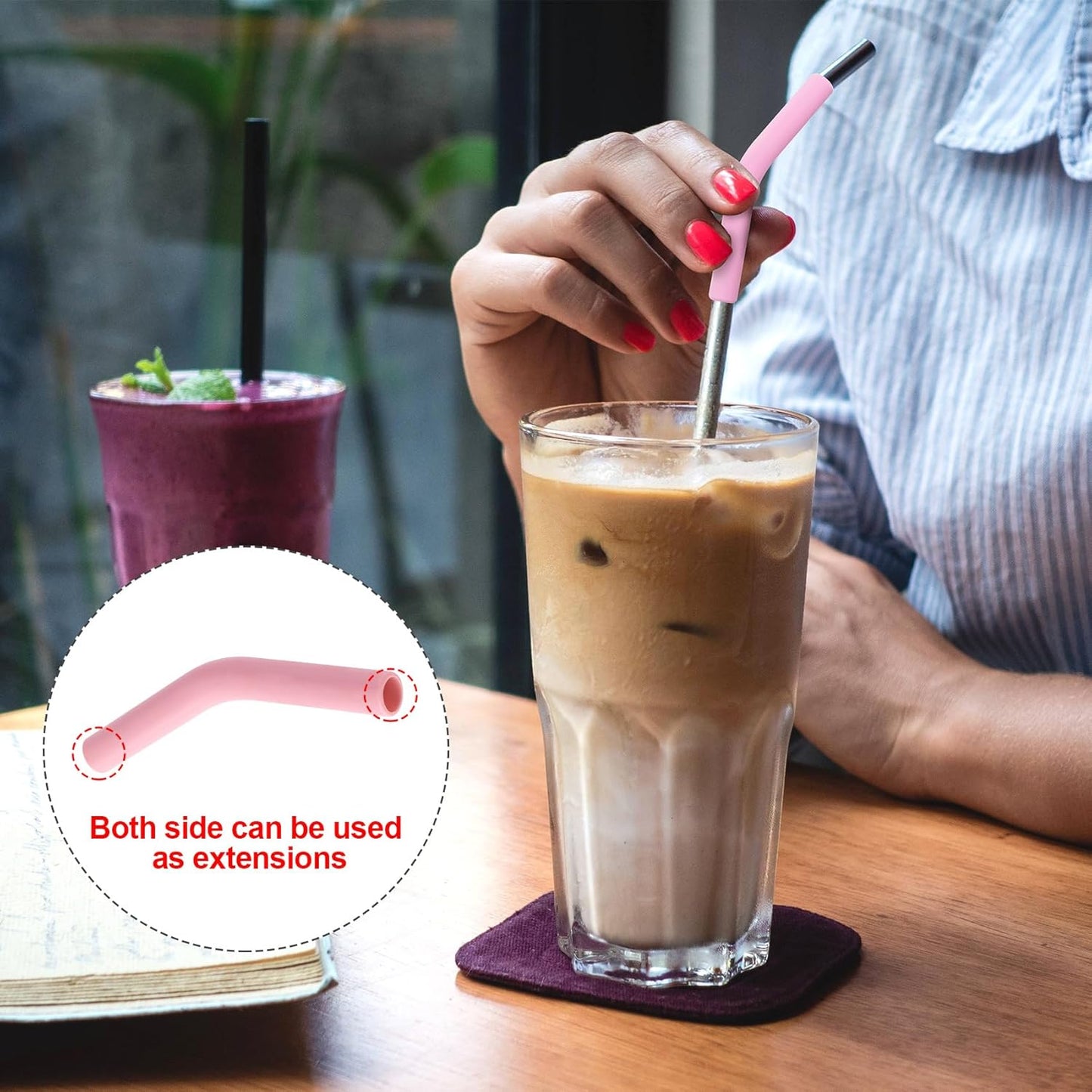 6Pcs Metal Straw Silicone Tips 5/16 IN Wide(8mm Outer Diameter) Food Grade Rubber Straw Covers Flex Elbow Replacement Tip for Stainless Steel Metal Straws, Pink