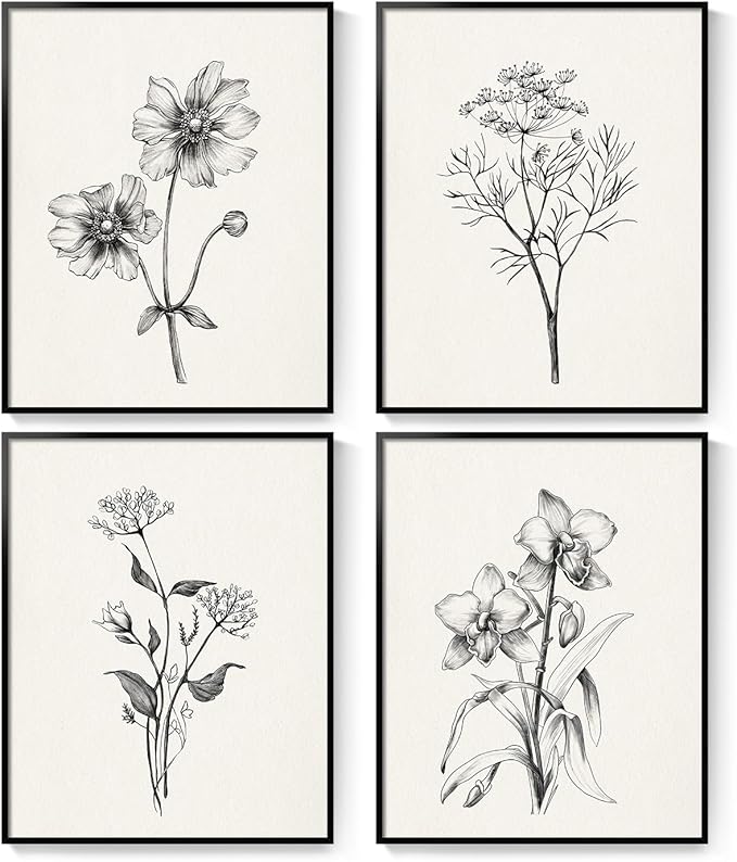 Framed Black and White Bathroom Wall Art, 4 Piece Vintage Floral Canvas Prints - Image 9