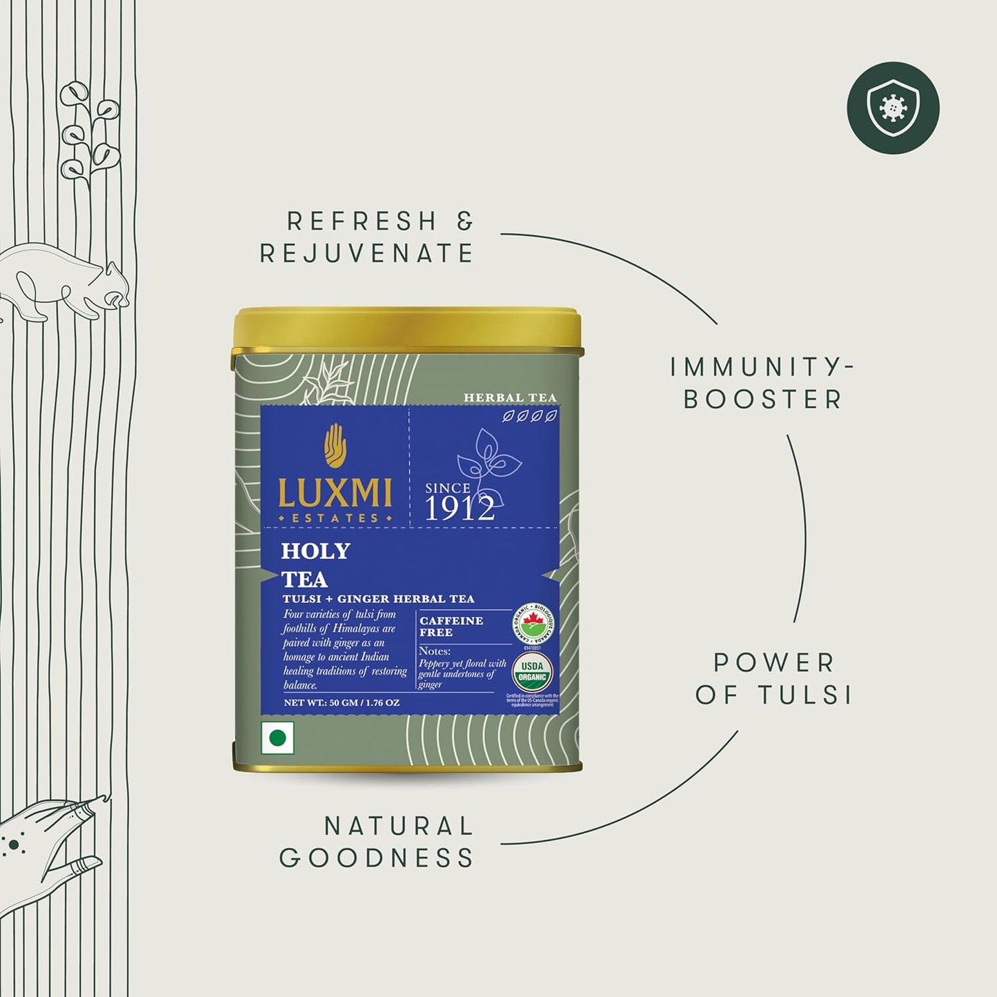 Luxmi Estates - Holy Basil - Organic Tulsi Tea - Loose Leaf - 50g (25 Cups) | With Tulsi and Ginger | Provides Immune Support, Stress Relief and Uplifts Mood