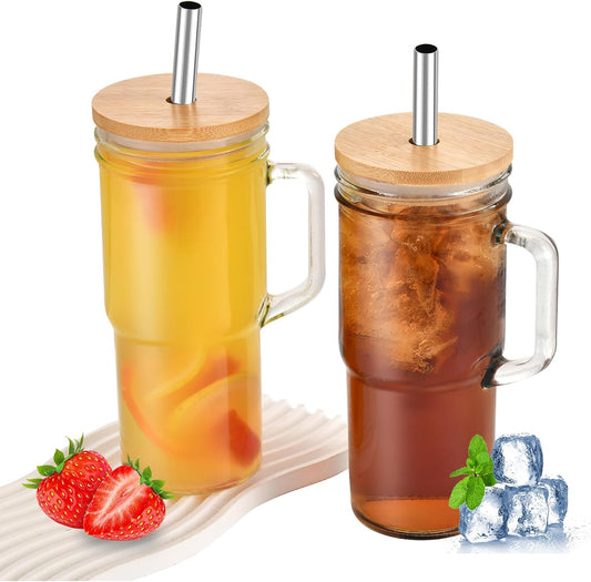 24oz Mason Jar Cups with Handle, Clear Glass Tumbler with Bamboo Lid and Straw, 2 Pack Glass Iced Coffee Cup with Lids, Cold Drinking Glasses for Iced Coffee, Juice, Bubble Tea,cola