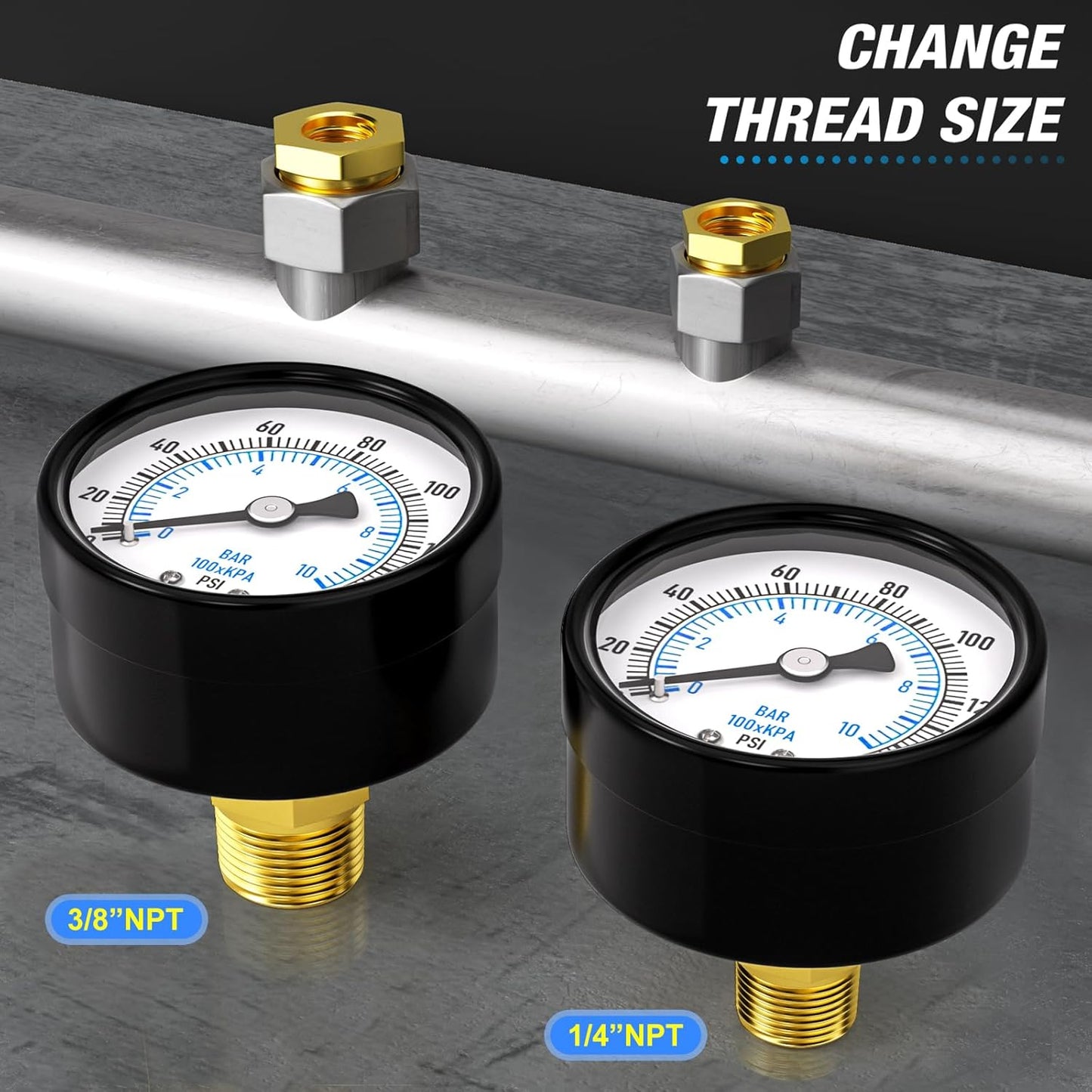 MEANLIN MEASURE 0-150Psi 2" DIAL FACE 1/8" NPT Well Pump Pressure Gauge, with 1/4" NPT and 3/8" NPT Hex Bushing, 3-2-3% Accuracy, Center Back Mount