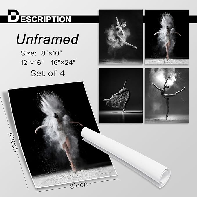 NCYEL 4Pcs Black and White Ballet Wall Art Girl Dancing Canvas Prints Elegant - Image 2